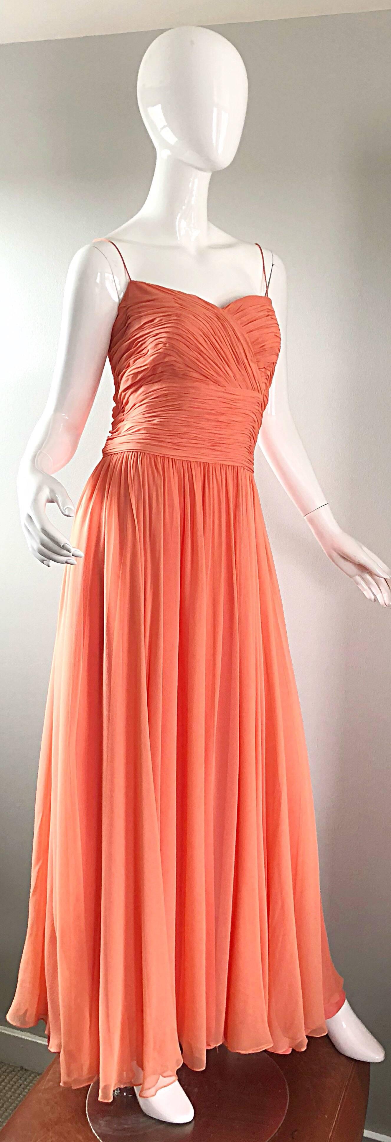 Orange Gorgeous 1950s Saks 5th Ave. Salmon / Coral Pink Silk Chiffon Vintage 50s Gown