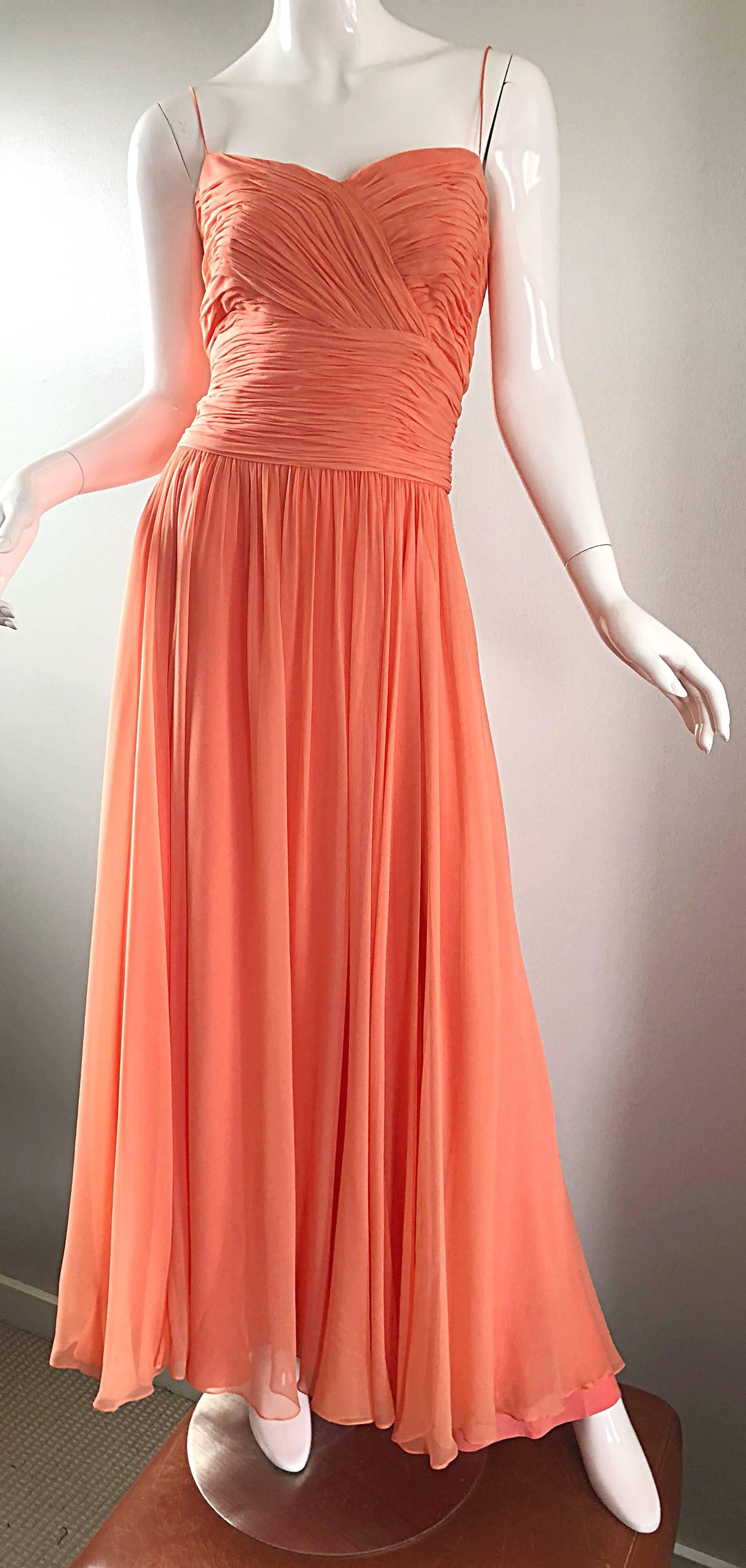 Women's Gorgeous 1950s Saks 5th Ave. Salmon / Coral Pink Silk Chiffon Vintage 50s Gown