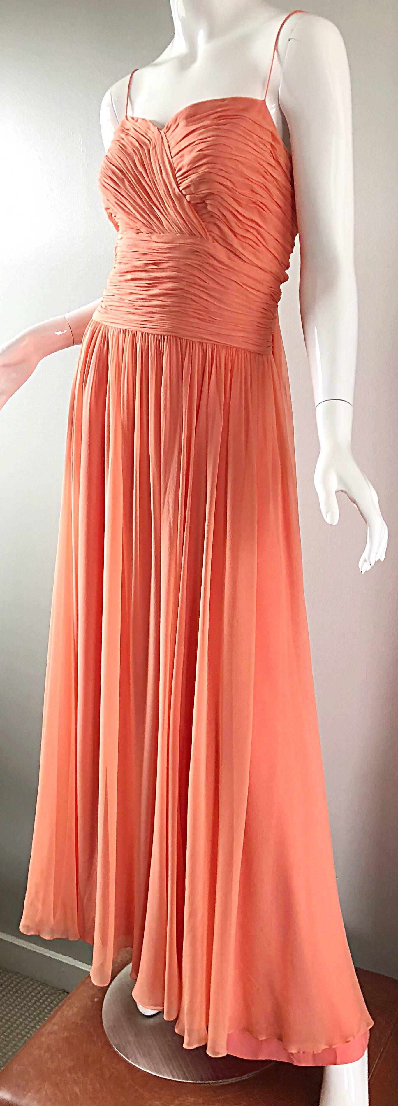 Gorgeous 1950s Saks 5th Ave. Salmon / Coral Pink Silk Chiffon Vintage 50s Gown 1