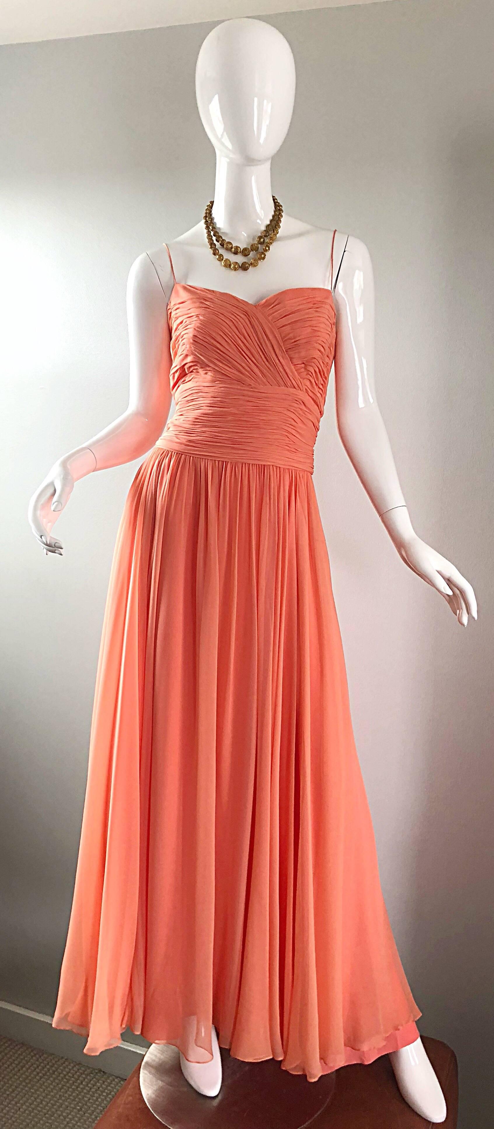 Gorgeous 1950s Saks 5th Ave. Salmon / Coral Pink Silk Chiffon Vintage 50s Gown 3