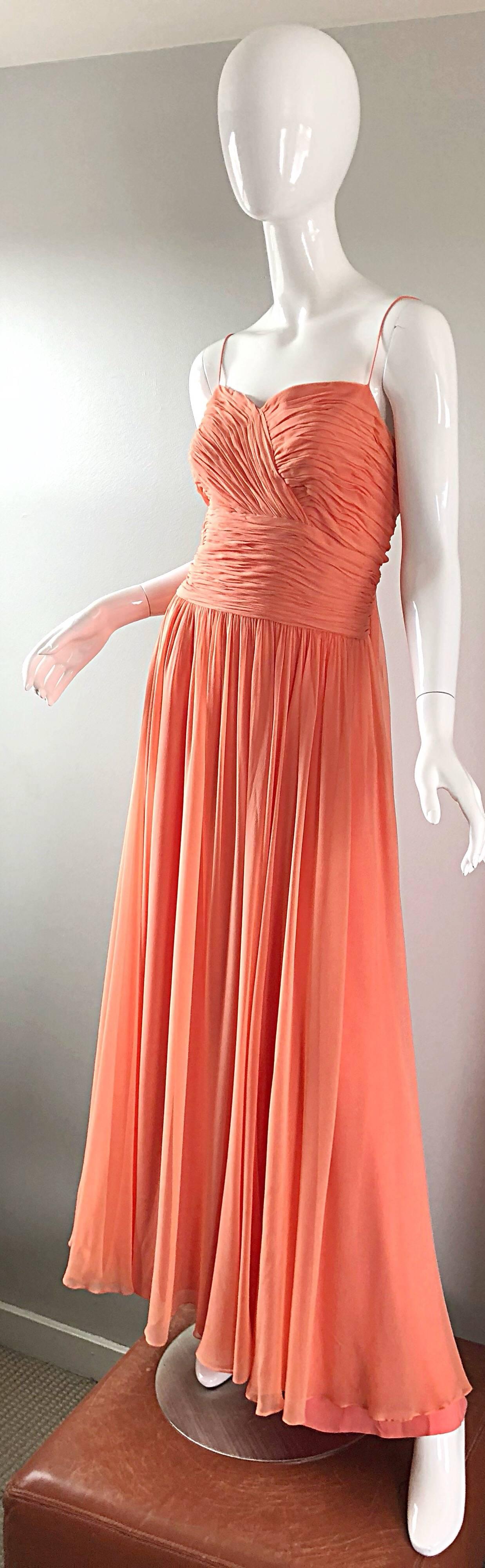 Gorgeous 1950s Saks 5th Ave. Salmon / Coral Pink Silk Chiffon Vintage 50s Gown 5