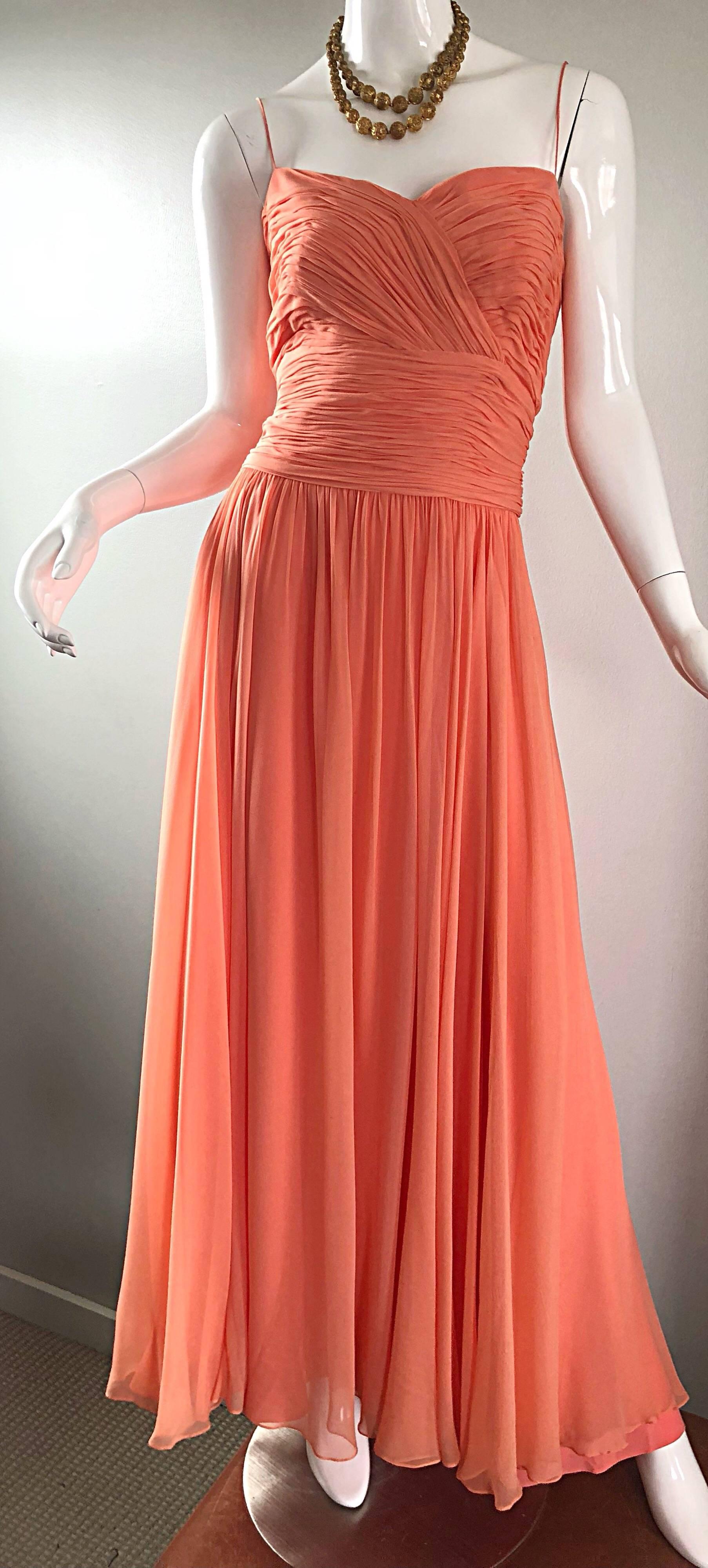 Gorgeous 1950s Saks 5th Ave. Salmon / Coral Pink Silk Chiffon Vintage 50s Gown 6