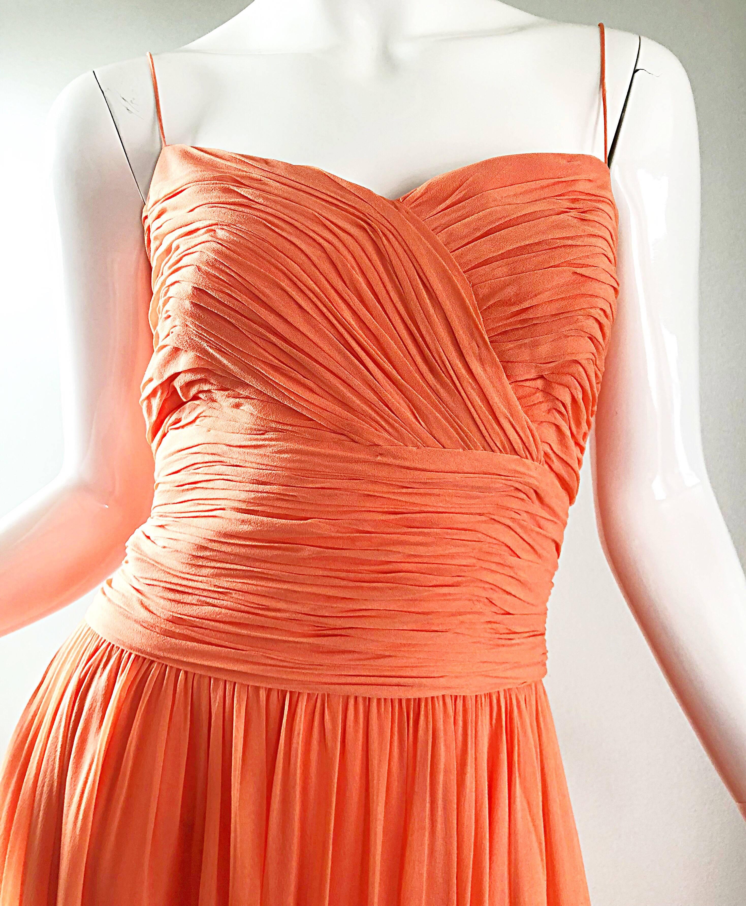 Gorgeous 1950s Saks 5th Ave. Salmon / Coral Pink Silk Chiffon Vintage 50s Gown 7