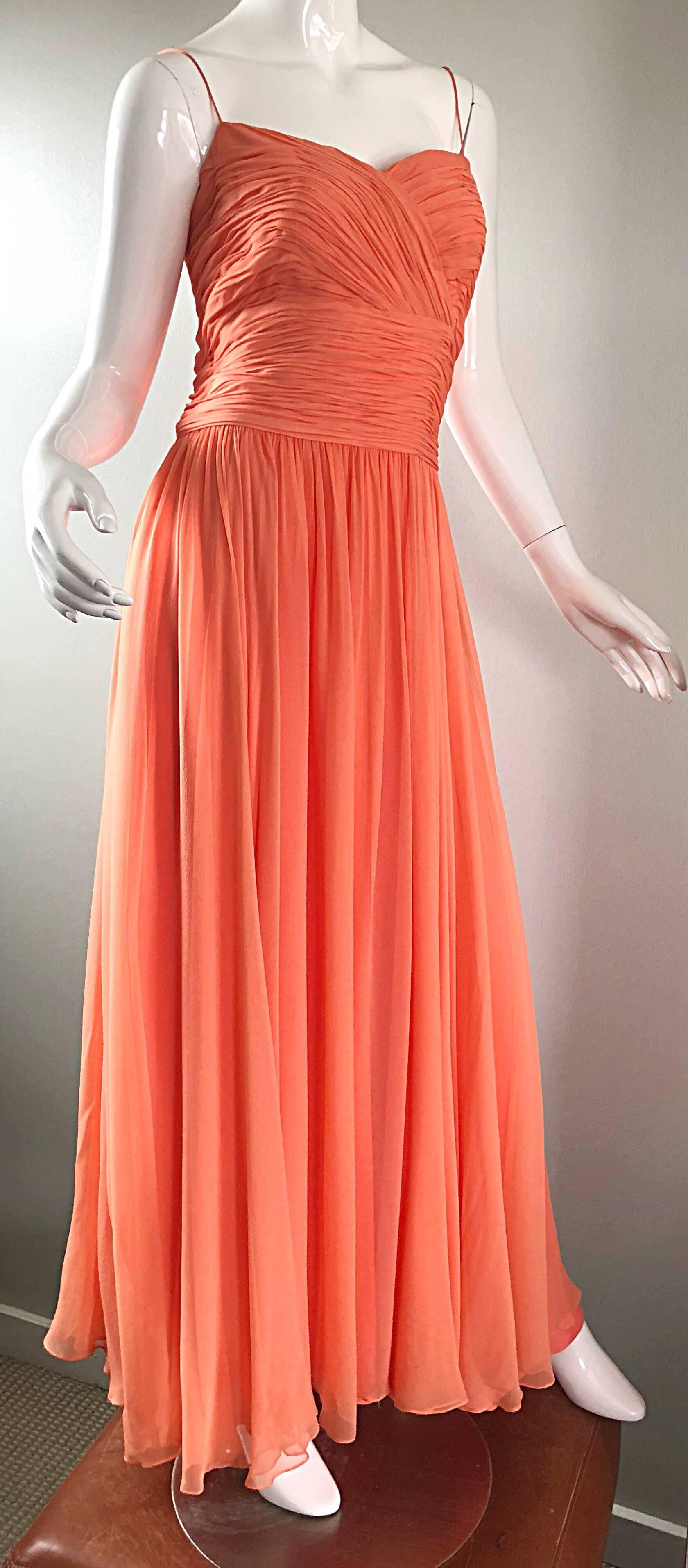 Gorgeous 1950s Saks 5th Ave. Salmon / Coral Pink Silk Chiffon Vintage 50s Gown 9