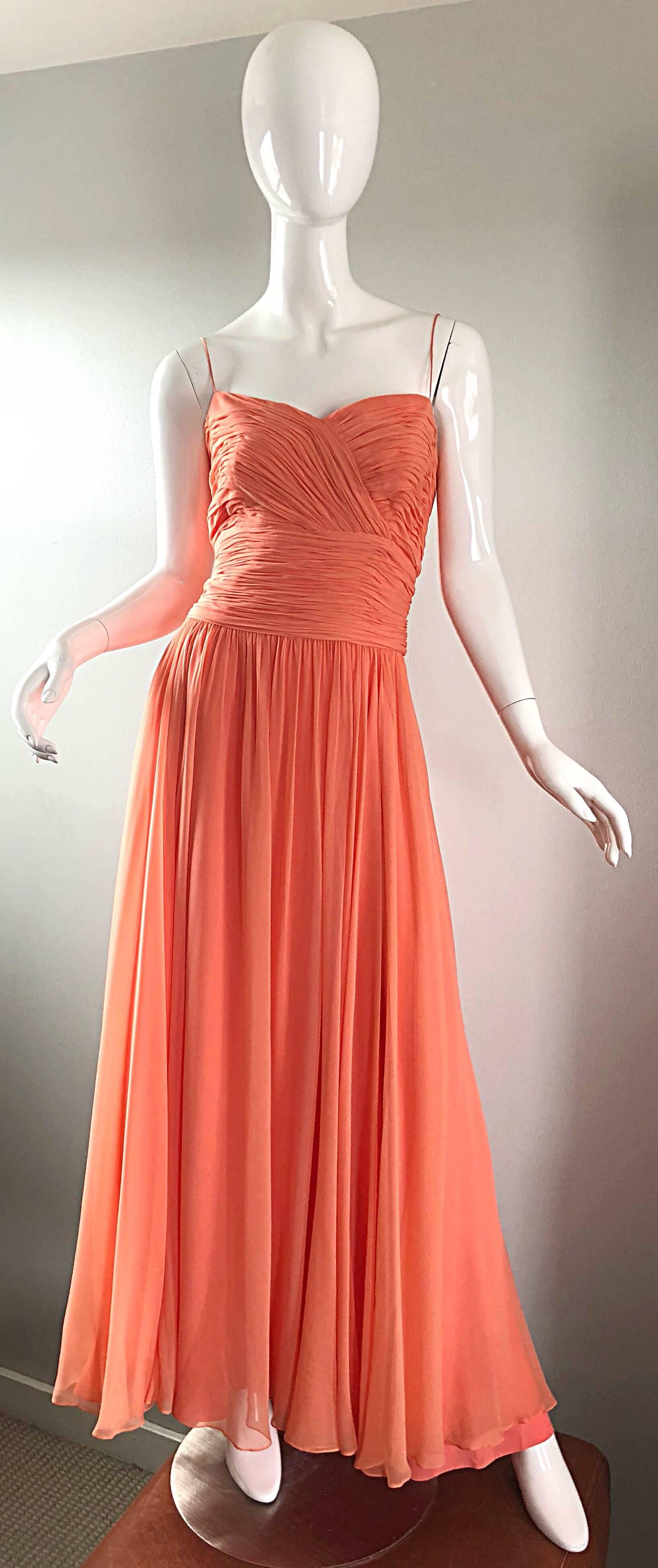 Gorgeous 1950s Saks 5th Ave. Salmon / Coral Pink Silk Chiffon Vintage 50s Gown 10