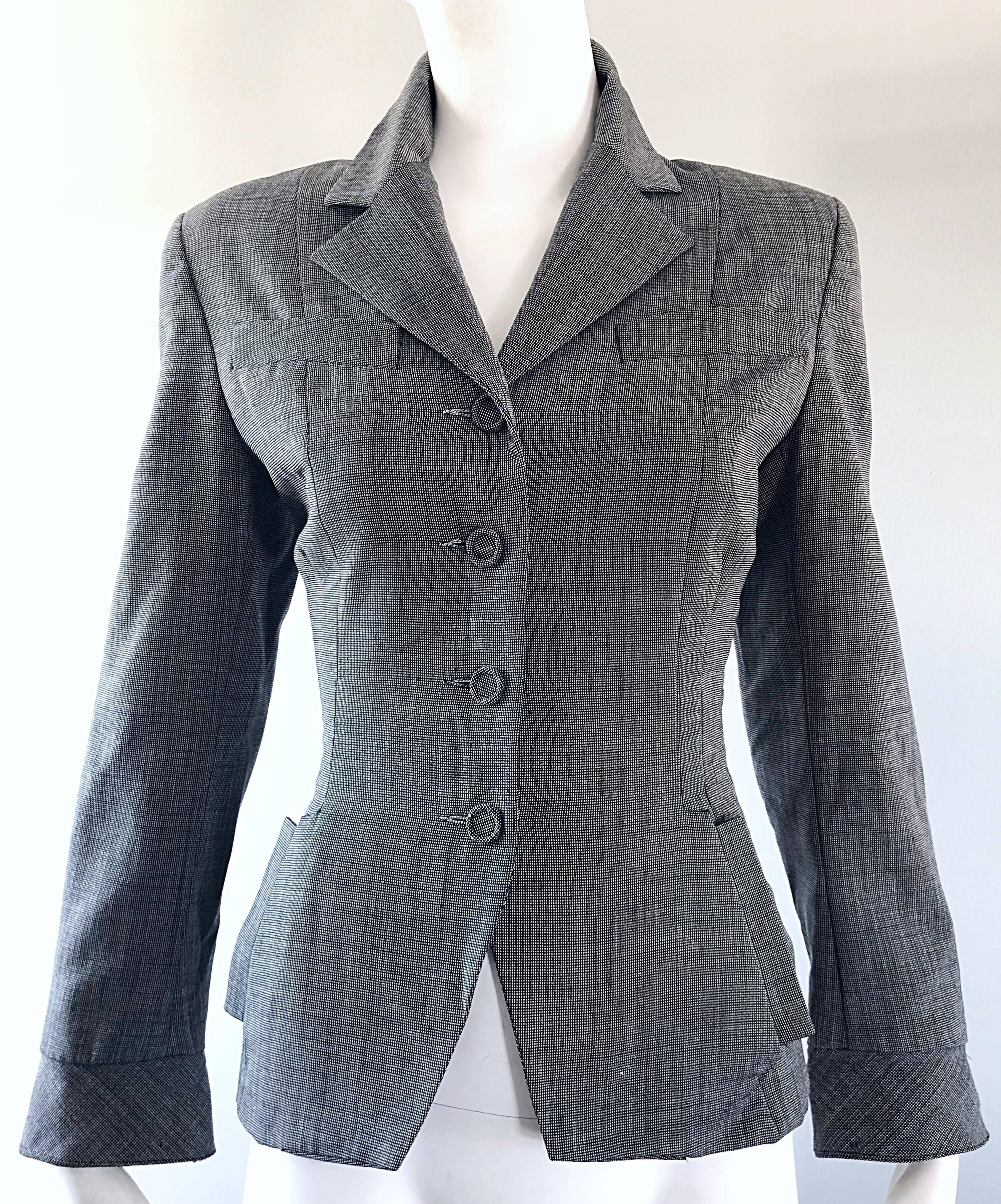 Vintage Norma Kamali 1980s Does 1940s Sz 4 Gray Cropped Fitted 80s Blazer Jacket For Sale 1