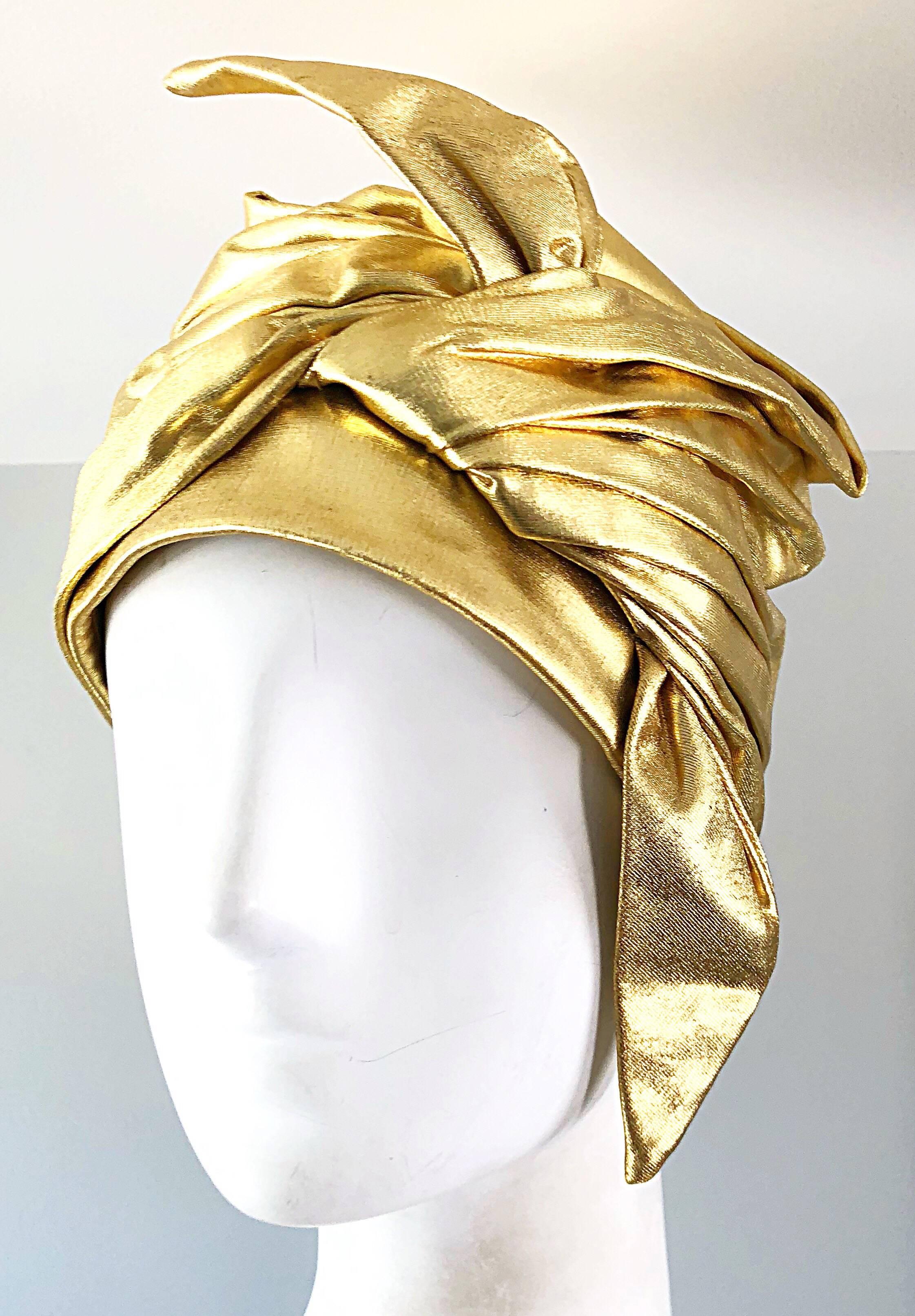 Rare vintage 1950s CHRISTIAN DIOR gold lame Avant Garde turban hat! So much detail on this demi couture piece. A true head turner that is an exceptional and timeless addition to any wardrobe, that will only appreciate in value over time. In great