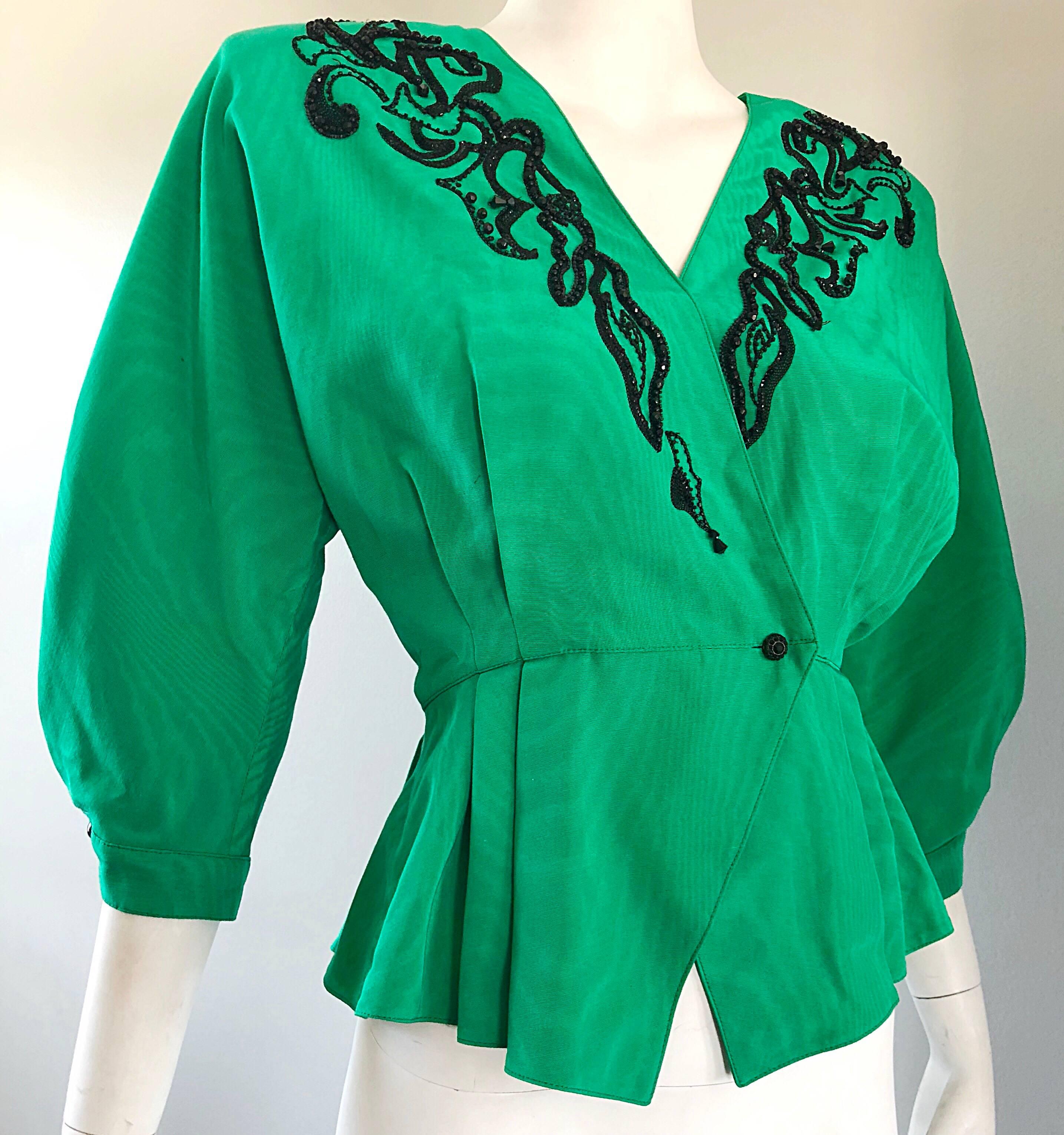 Women's Vintage Emanuel Ungaro 80s Kelly Green Black Gorgeous Beaded Silk Moire Jacket For Sale