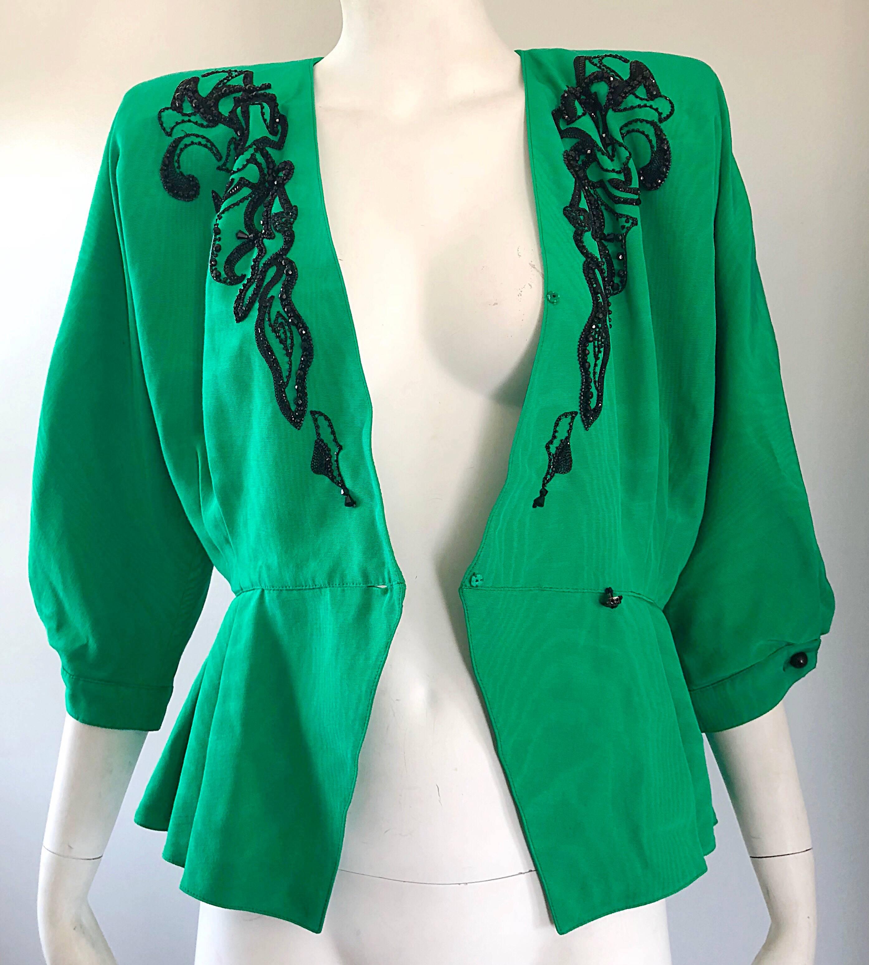 Vintage Emanuel Ungaro 80s Kelly Green Black Gorgeous Beaded Silk Moire Jacket For Sale 1