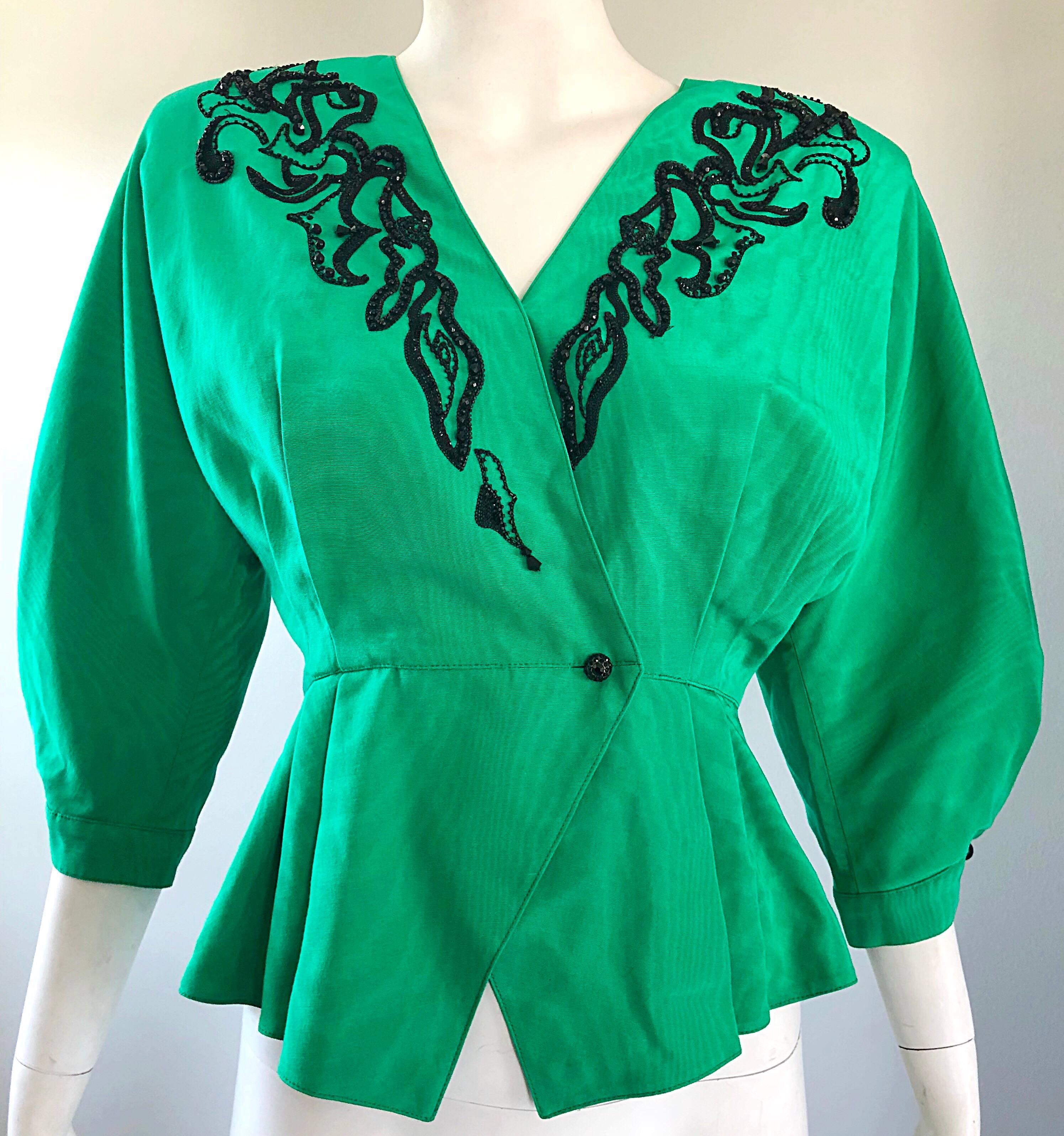 Vintage Emanuel Ungaro 80s Kelly Green Black Gorgeous Beaded Silk Moire Jacket For Sale 3