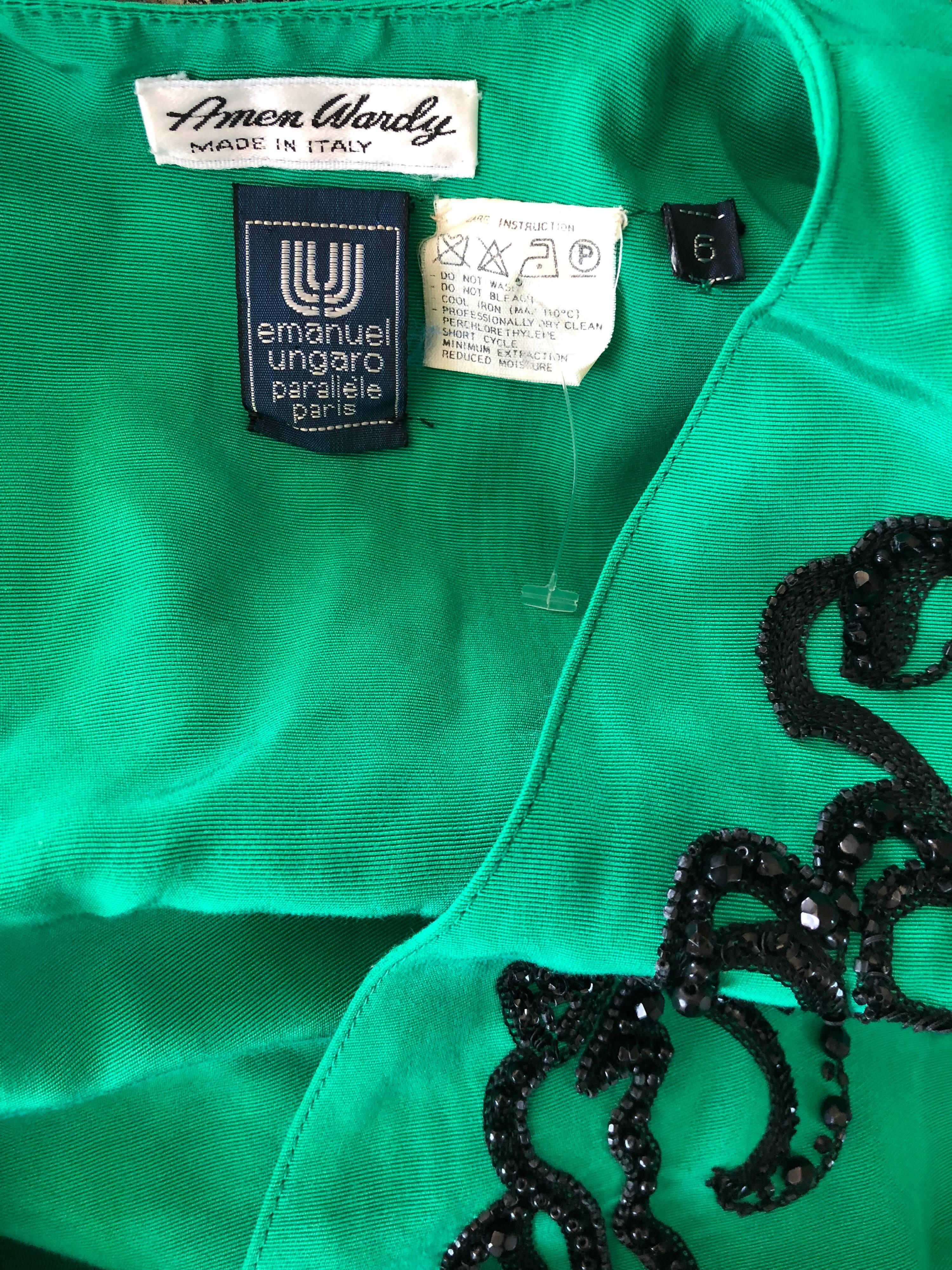 Vintage Emanuel Ungaro 80s Kelly Green Black Gorgeous Beaded Silk Moire Jacket For Sale 4