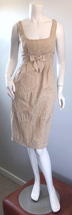 1990s Moschino Cheap & Chic Size 4 Khaki Beige Flower Print Vintage 90s Dress