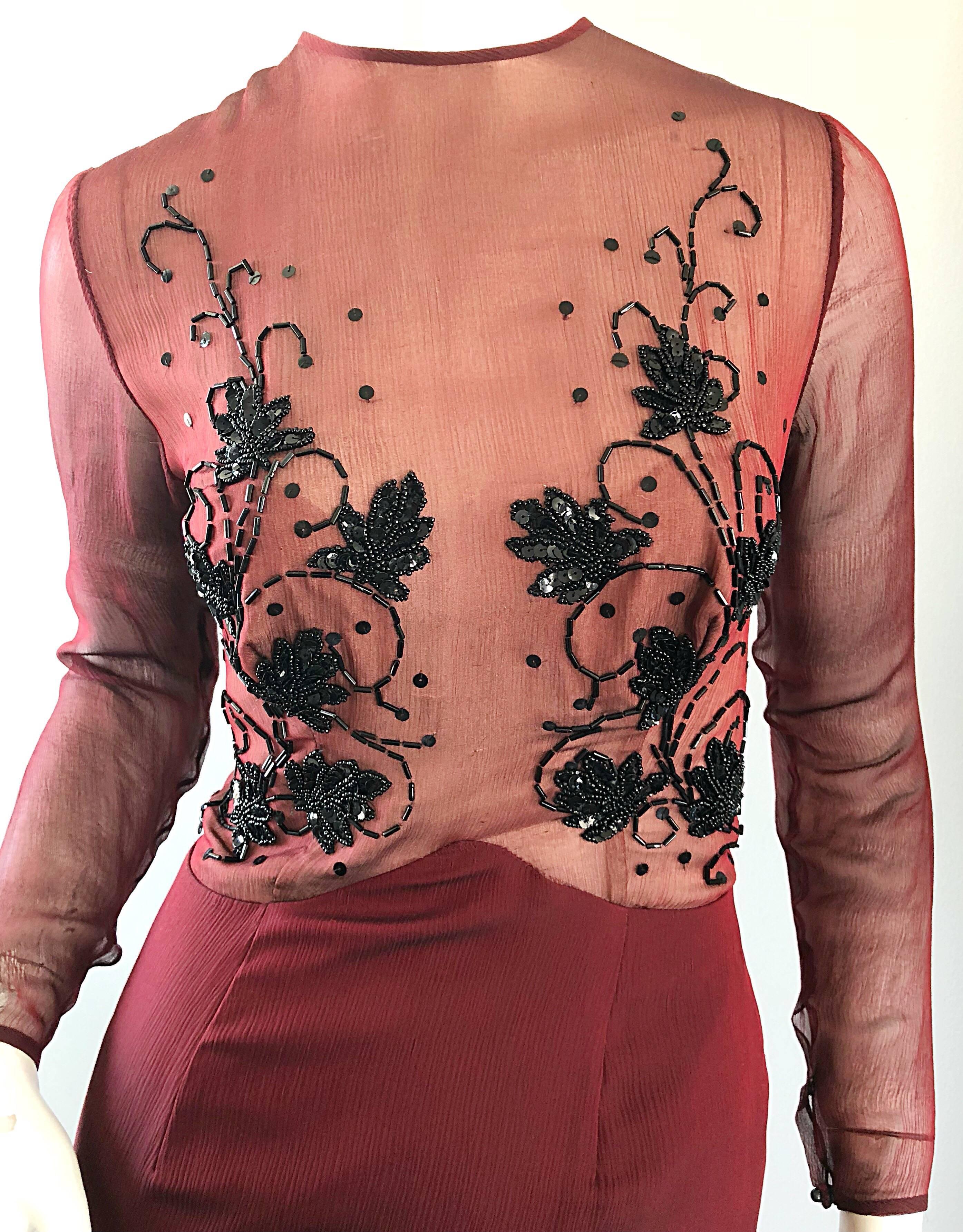 Sensational vintage 1990s GIVENCHY COUTURE by ALEXANDER MCQUEEN maroon / burgundy evening gown! There was so much hand work done on this rare beauty! Rich burgundy / wine color. Hundreds of hand-sewn sequins and beads on the semi sheer bodice, with