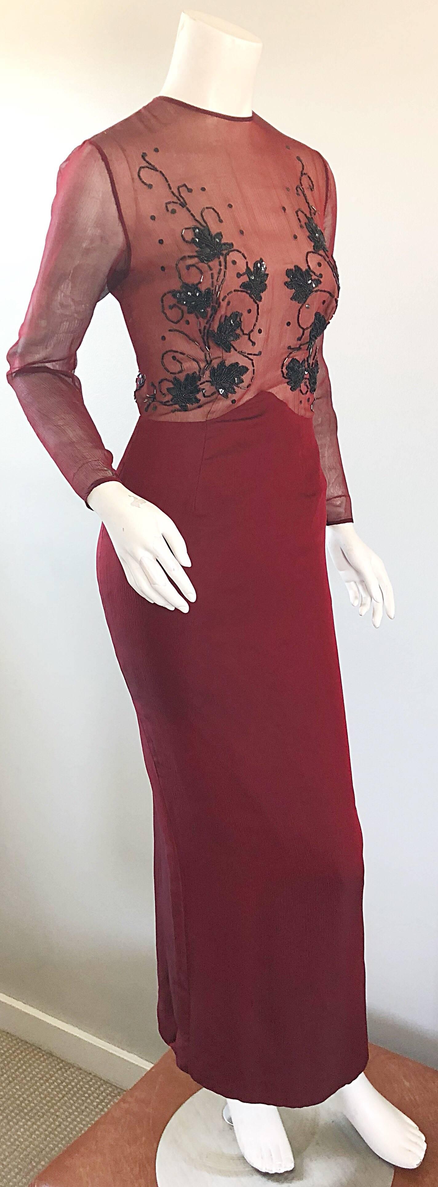 Brown Vintage Givenchy Couture by Alexander McQueen Maroon Silk Chiffon Beaded Gown