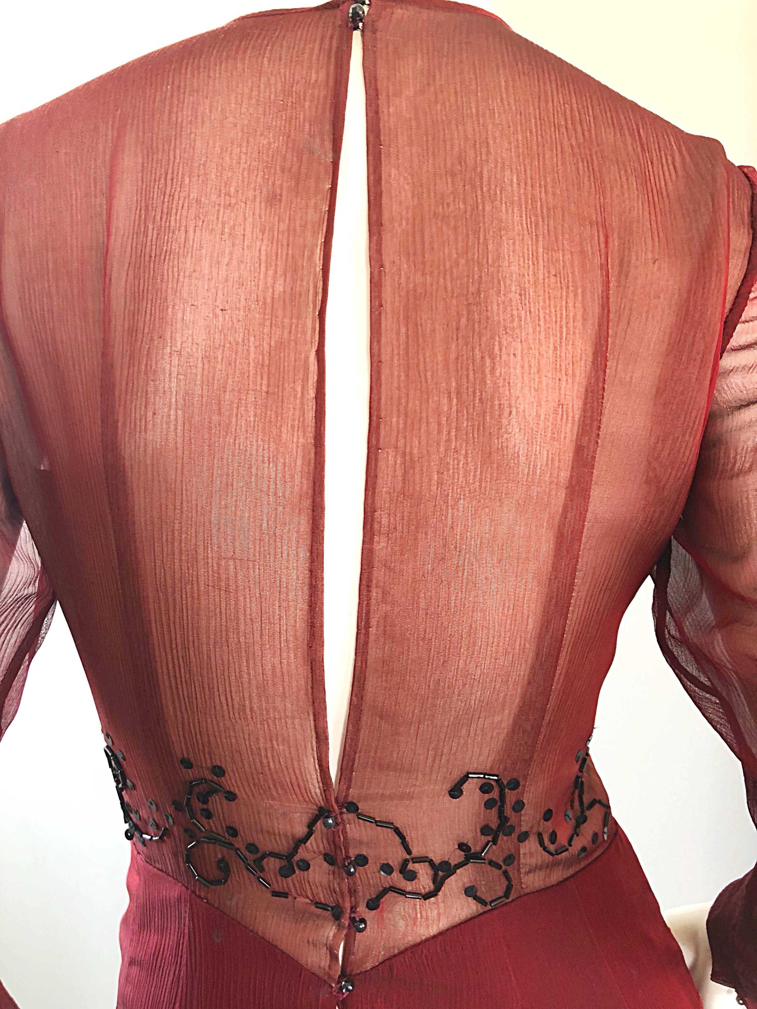 Vintage Givenchy Couture by Alexander McQueen Maroon Silk Chiffon Beaded Gown In Excellent Condition In San Diego, CA