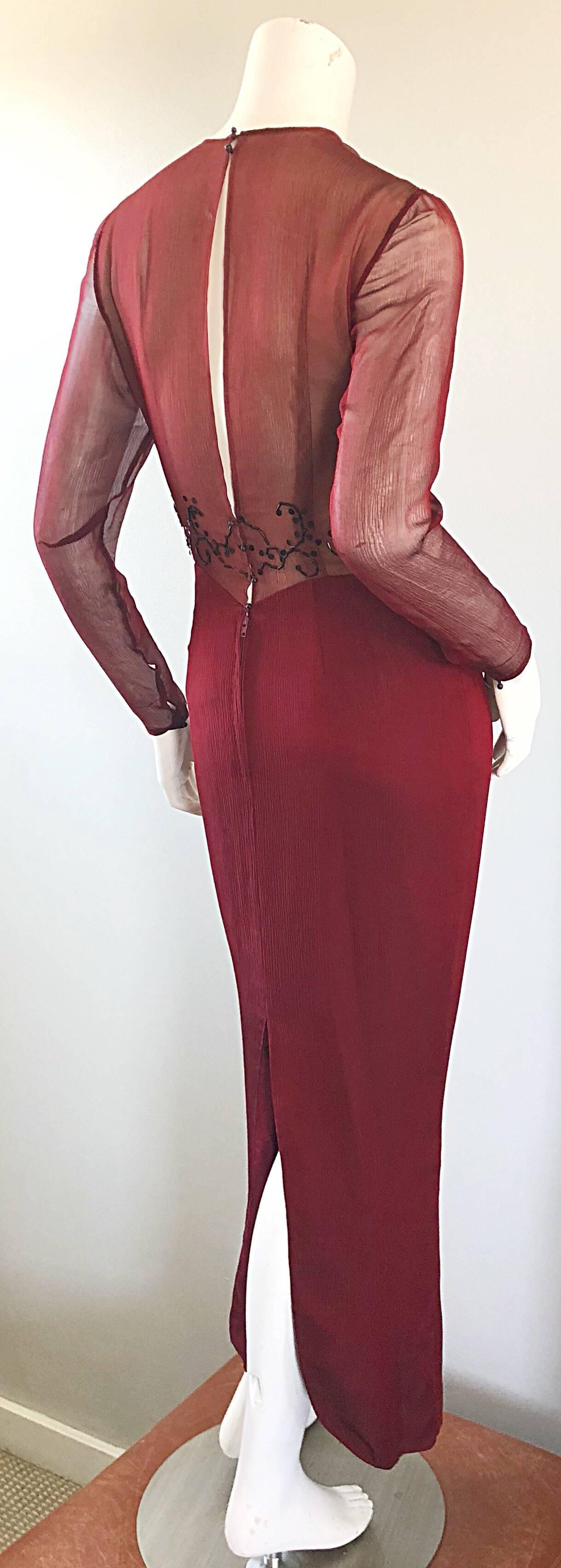 Women's Vintage Givenchy Couture by Alexander McQueen Maroon Silk Chiffon Beaded Gown