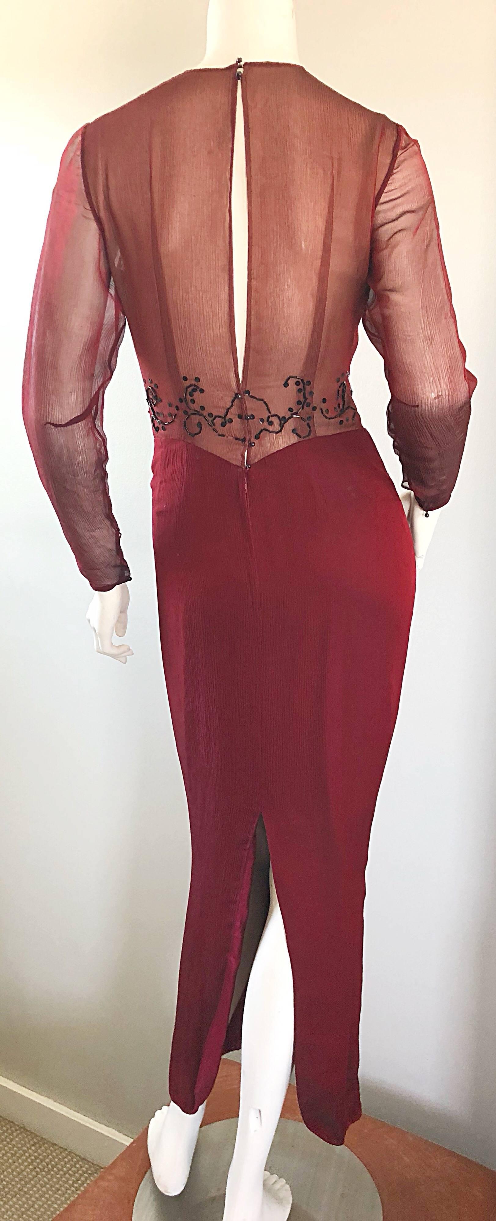 Vintage Givenchy Couture by Alexander McQueen Maroon Silk Chiffon Beaded Gown 1