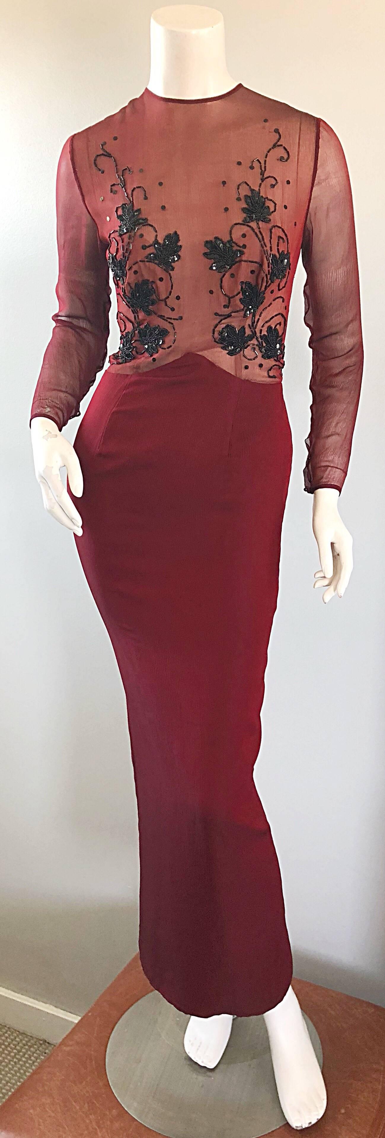 Vintage Givenchy Couture by Alexander McQueen Maroon Silk Chiffon Beaded Gown 2