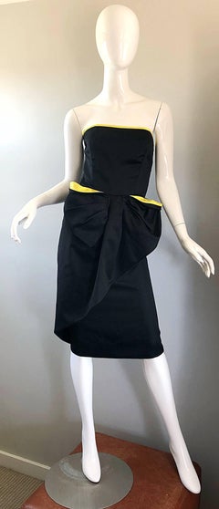 Vintage Victor Costa Black + Yellow Avant Garde 1980s Strapless Cotton Dress