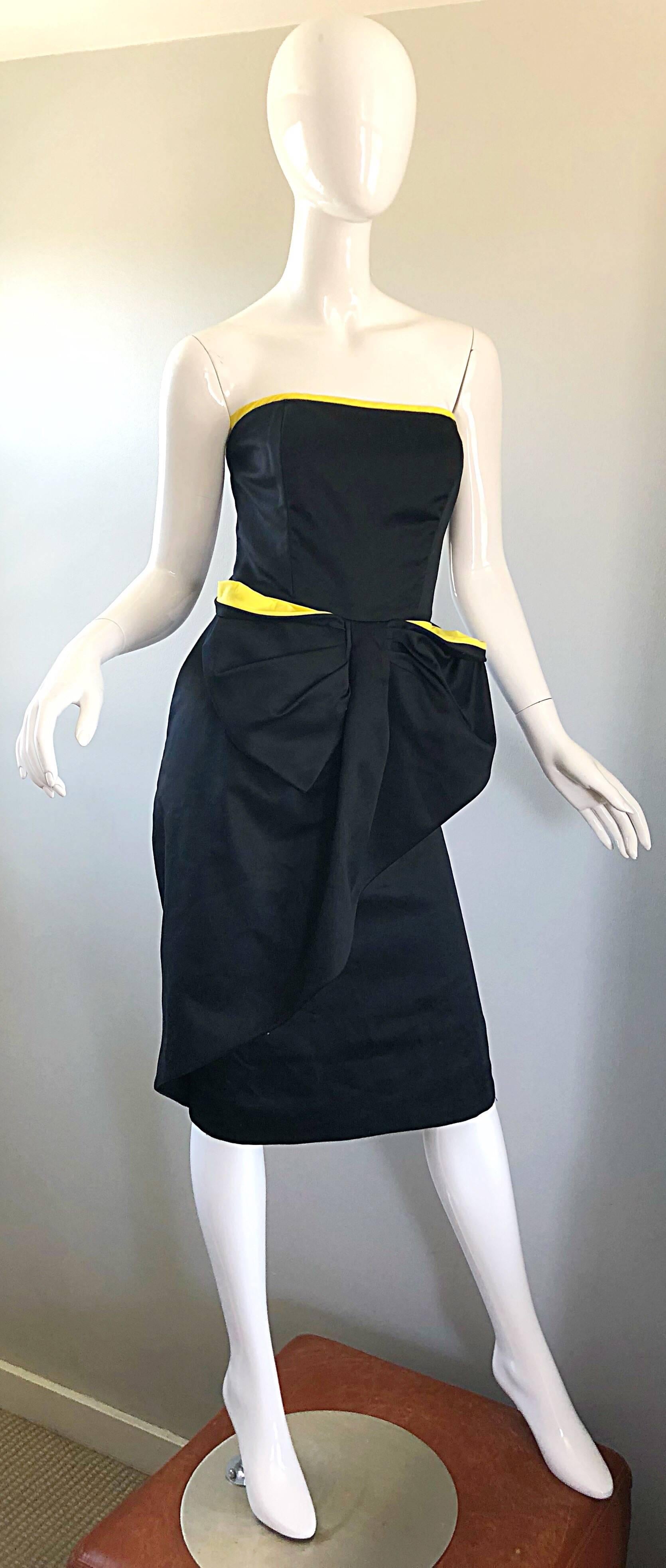 Women's Vintage Victor Costa Black + Yellow Avant Garde 1980s Strapless Cotton Dress For Sale