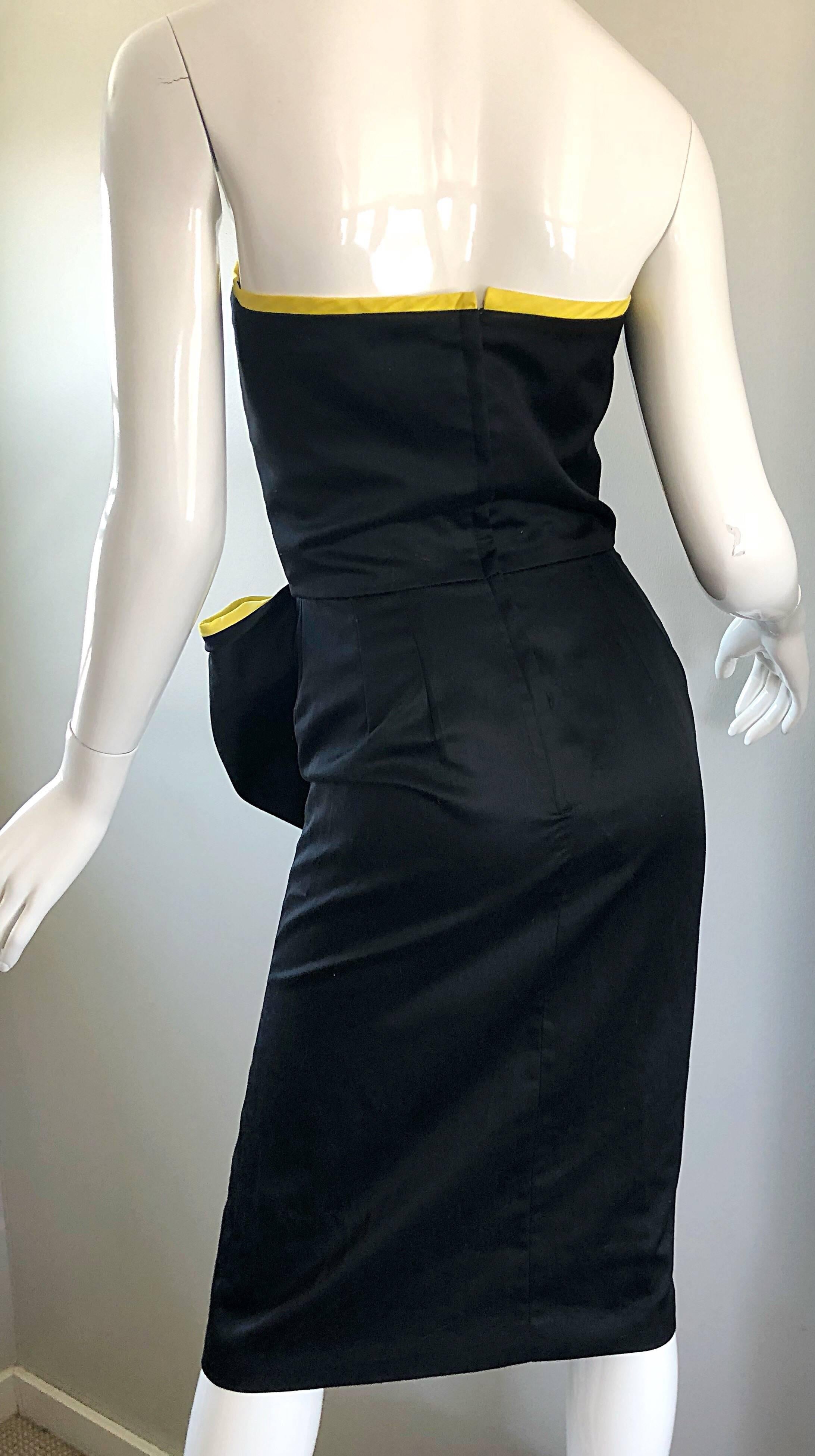Vintage Victor Costa Black + Yellow Avant Garde 1980s Strapless Cotton Dress For Sale 1
