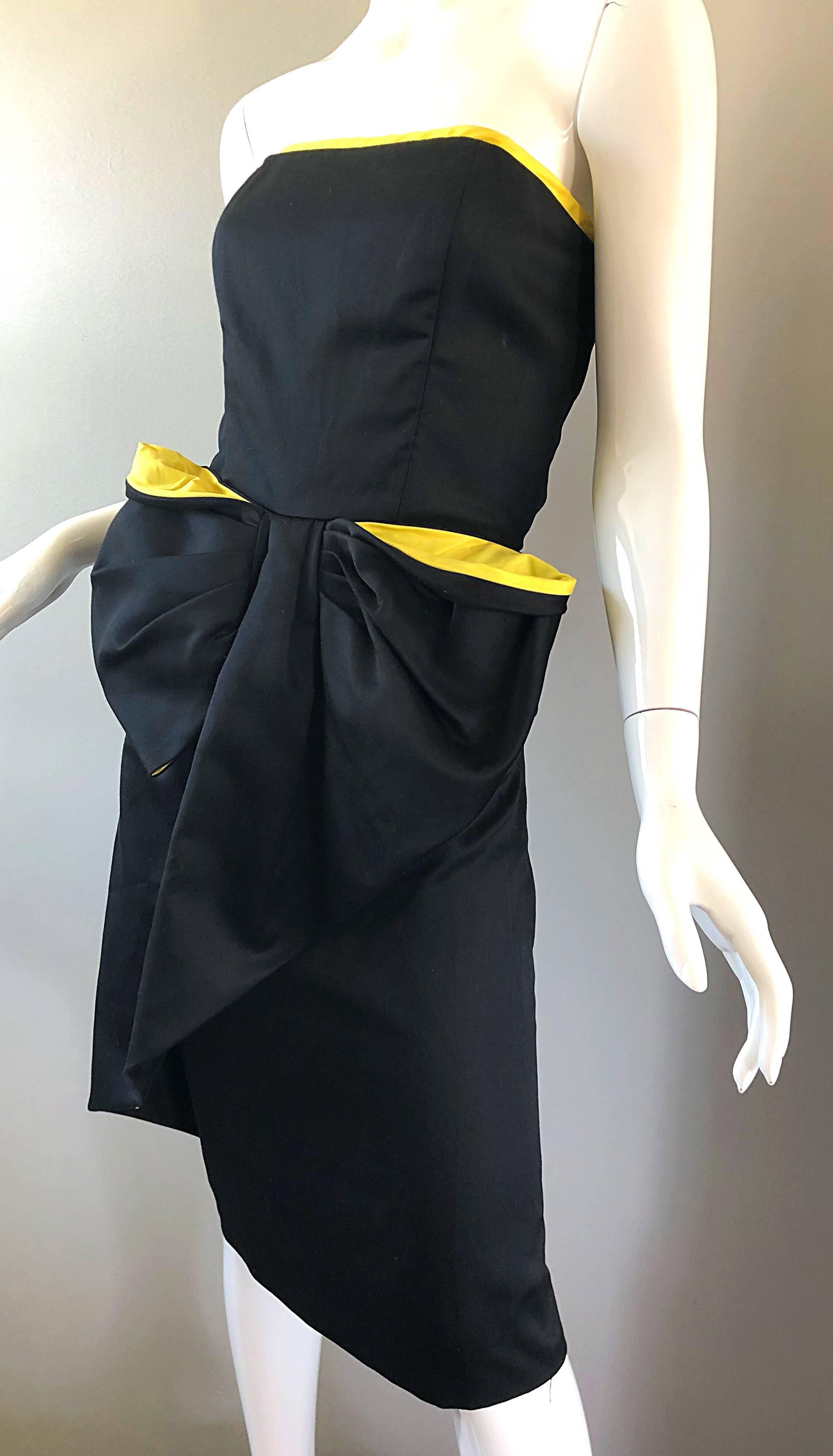 Vintage Victor Costa Black + Yellow Avant Garde 1980s Strapless Cotton Dress For Sale 2