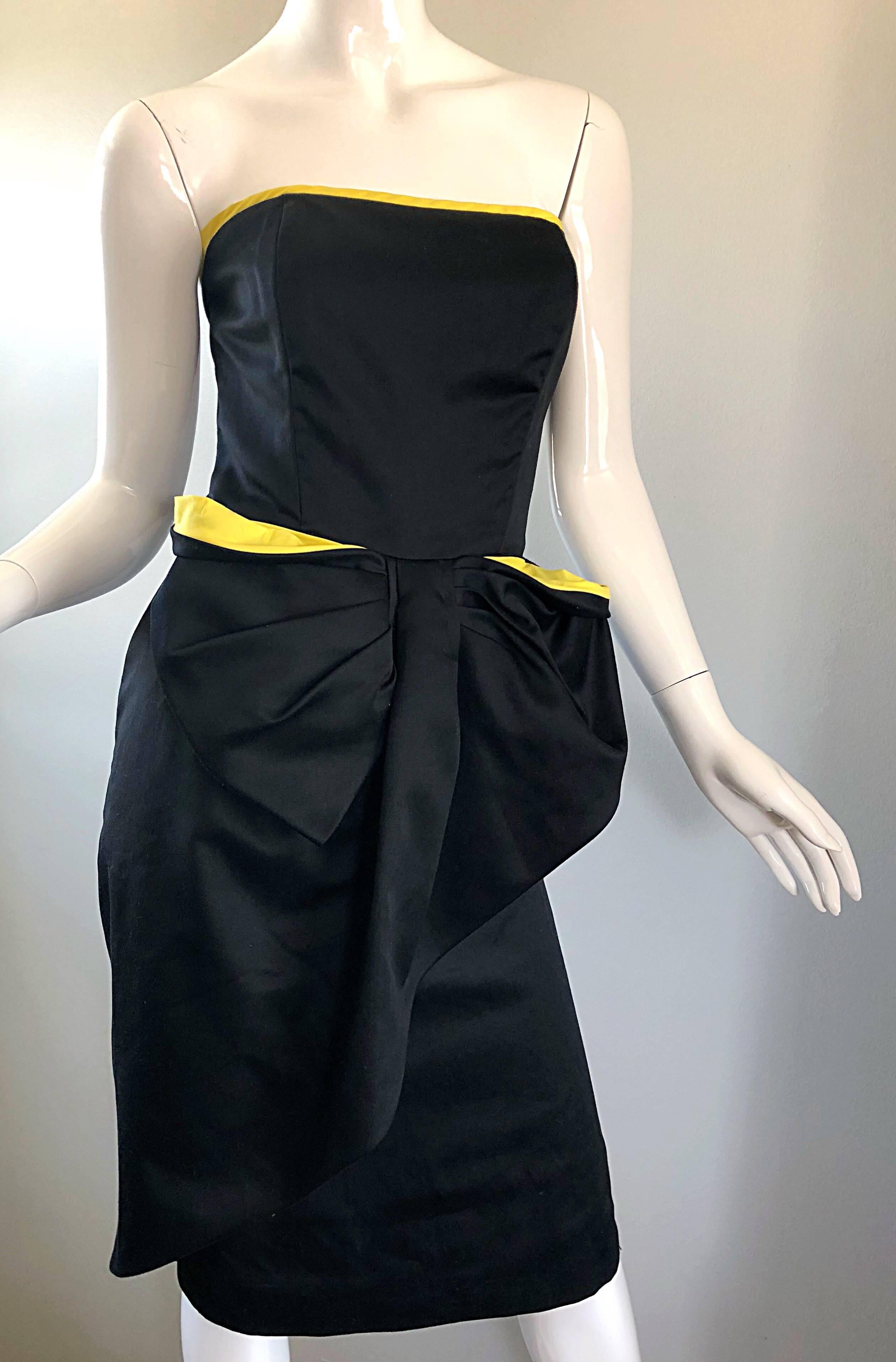 Vintage Victor Costa Black + Yellow Avant Garde 1980s Strapless Cotton Dress For Sale 3