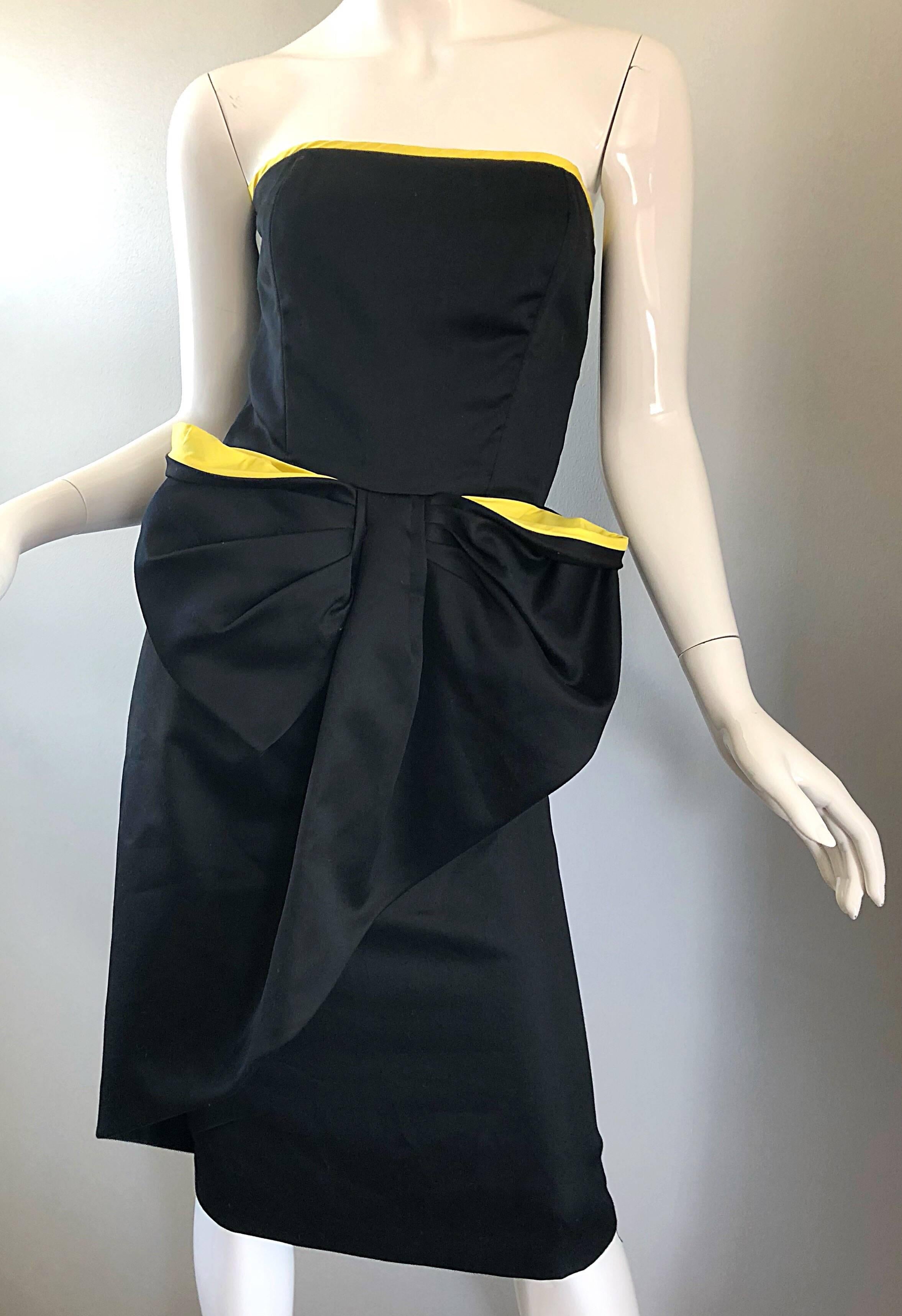 Vintage Victor Costa Black + Yellow Avant Garde 1980s Strapless Cotton Dress For Sale 4