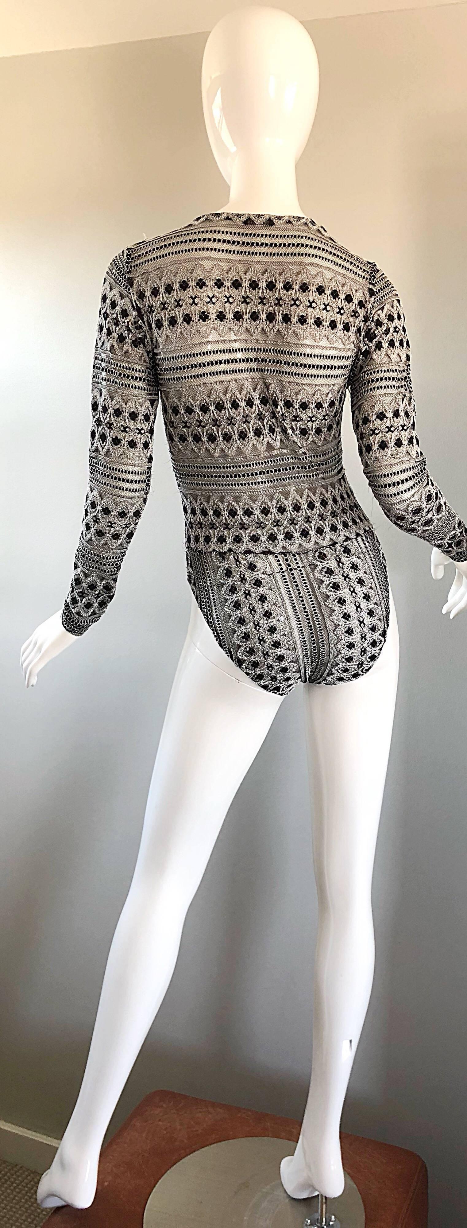 Gray 1990s French Black and White Long Sleeve Knit Vintage 90s One Piece Bodysuit