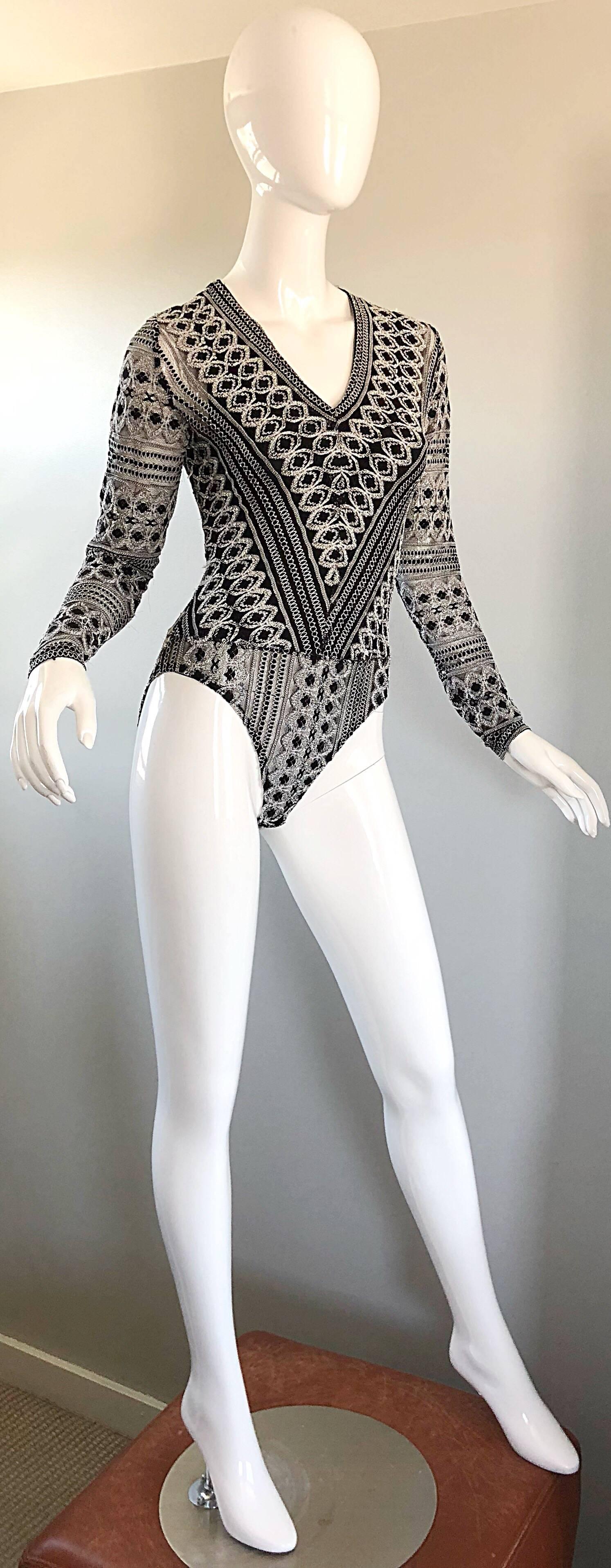 1990s French Black and White Long Sleeve Knit Vintage 90s One Piece Bodysuit In Excellent Condition In San Diego, CA