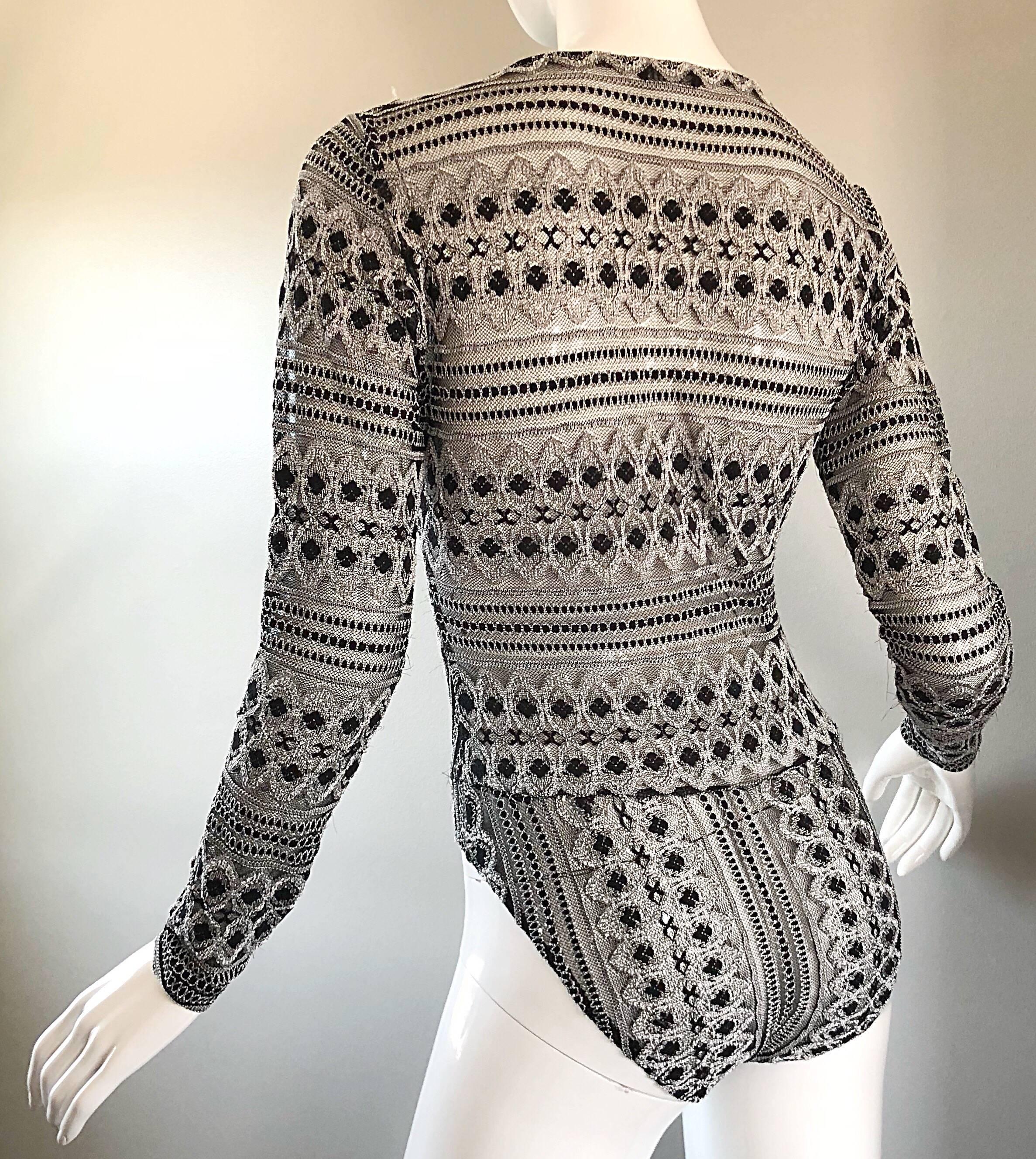 Women's 1990s French Black and White Long Sleeve Knit Vintage 90s One Piece Bodysuit