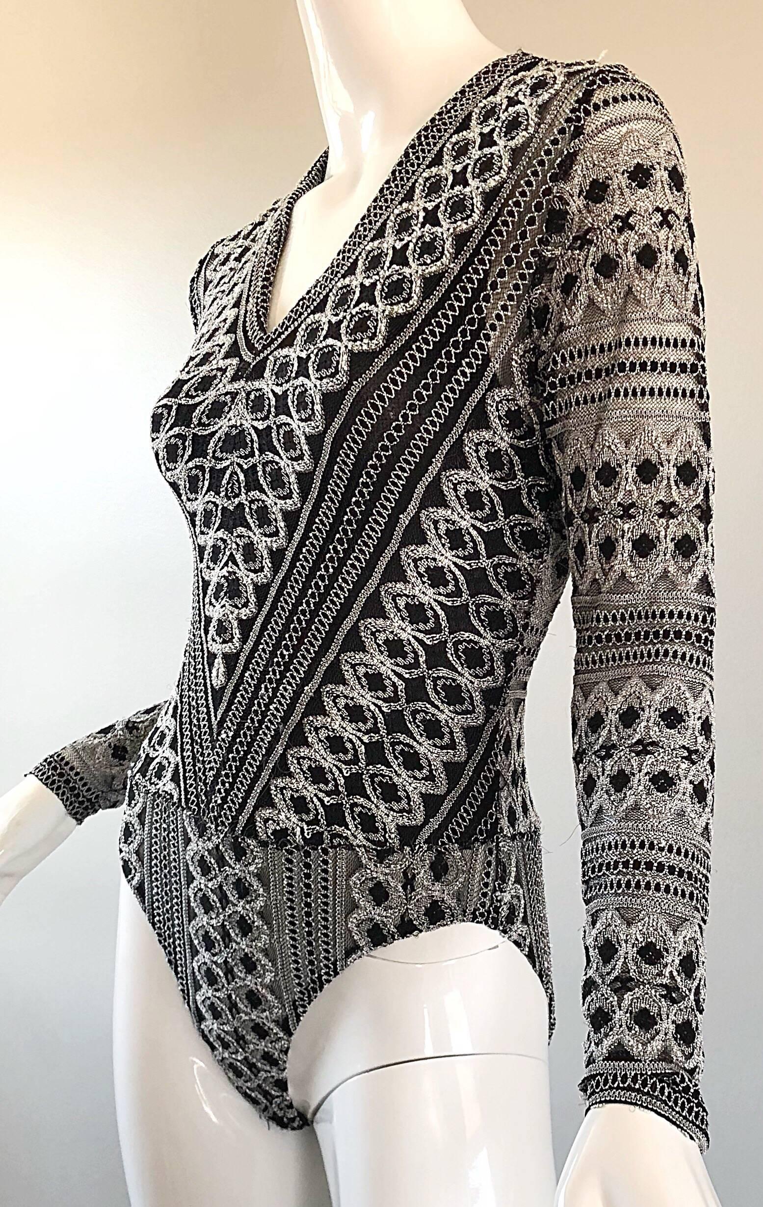 1990s French Black and White Long Sleeve Knit Vintage 90s One Piece Bodysuit 1
