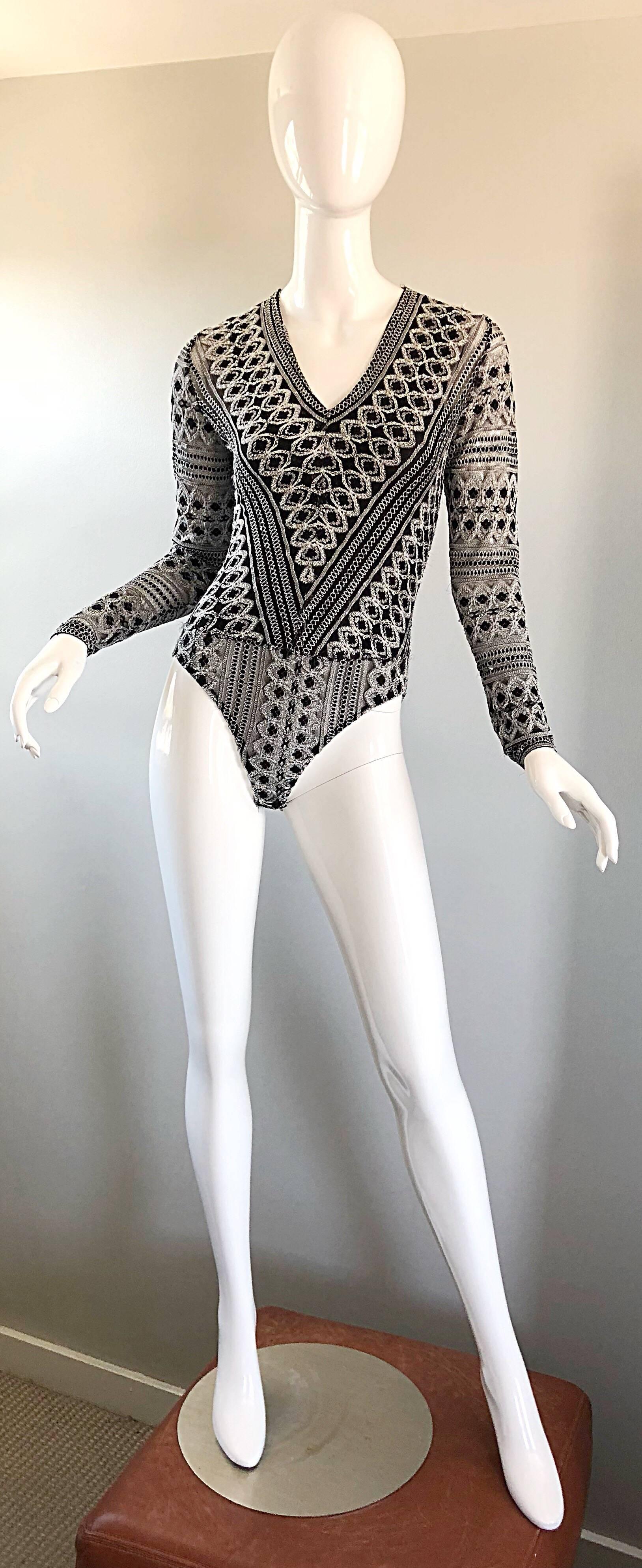 1990s French Black and White Long Sleeve Knit Vintage 90s One Piece Bodysuit 3