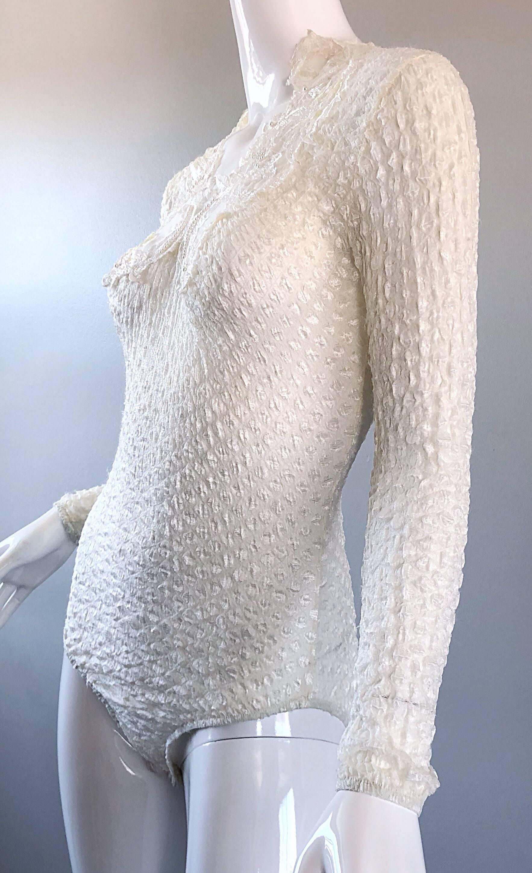 Women's Sexy 1990s Georges Barhel Paris White Long Sleeve Cut - Out Sequin 90s Bodysuit