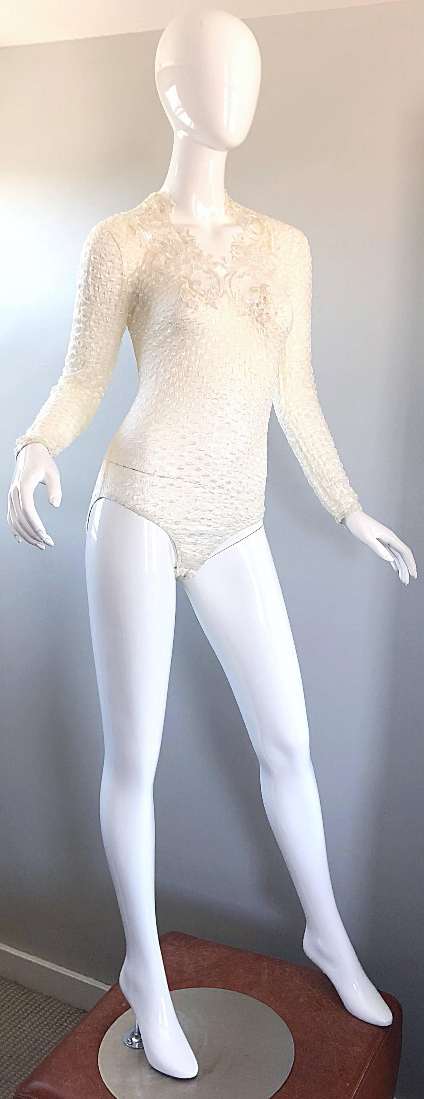 Sexy 1990s Georges Barhel Paris White Long Sleeve Cut - Out Sequin 90s Bodysuit 1
