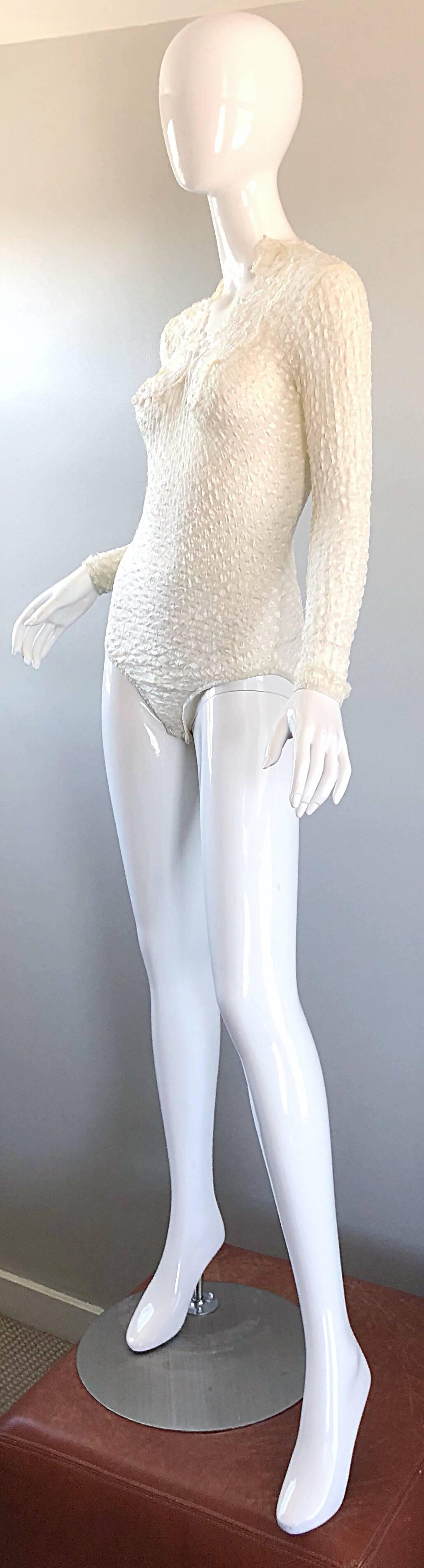 Sexy 1990s Georges Barhel Paris White Long Sleeve Cut - Out Sequin 90s Bodysuit 3