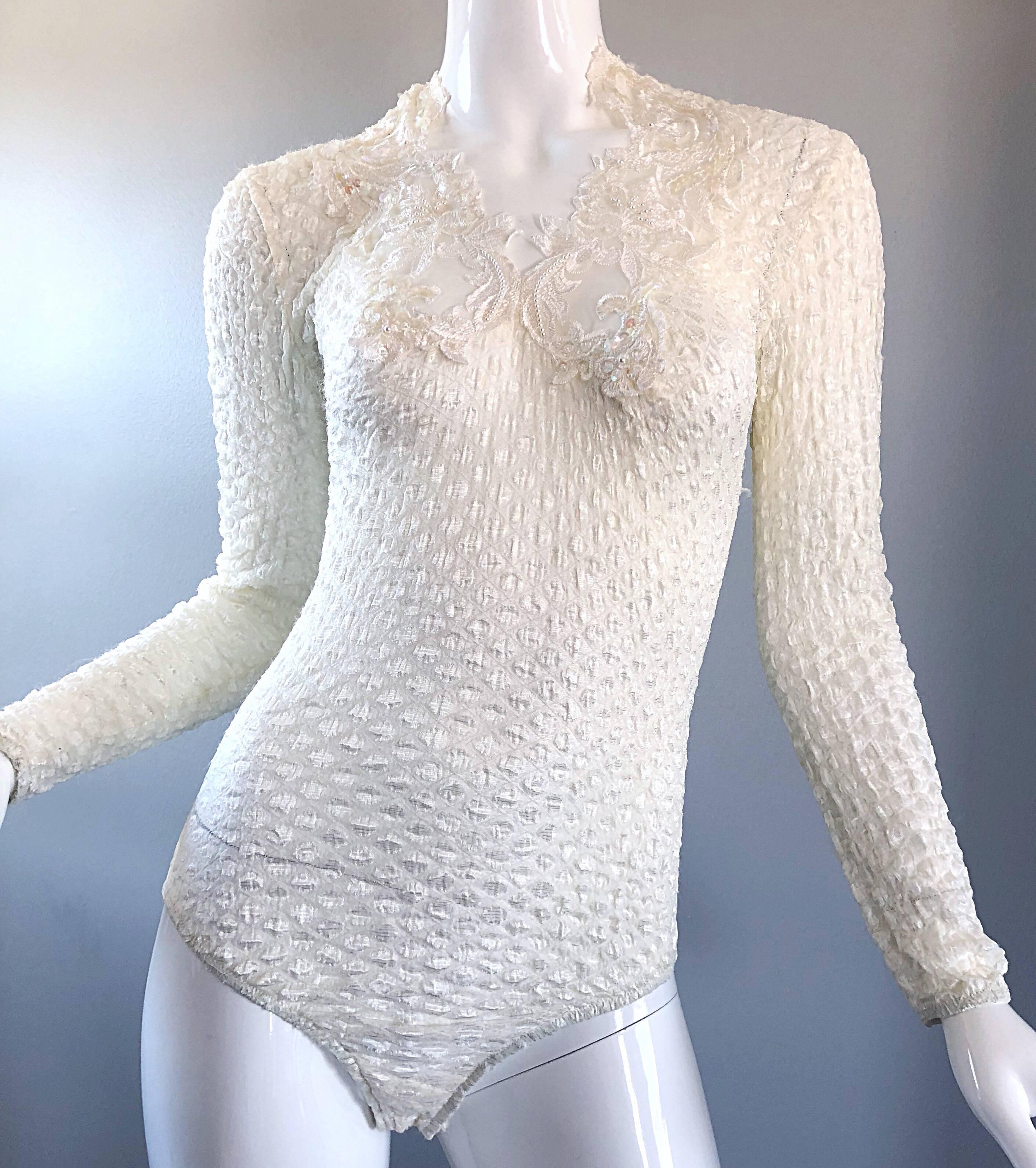 Sexy 1990s Georges Barhel Paris White Long Sleeve Cut - Out Sequin 90s Bodysuit 4