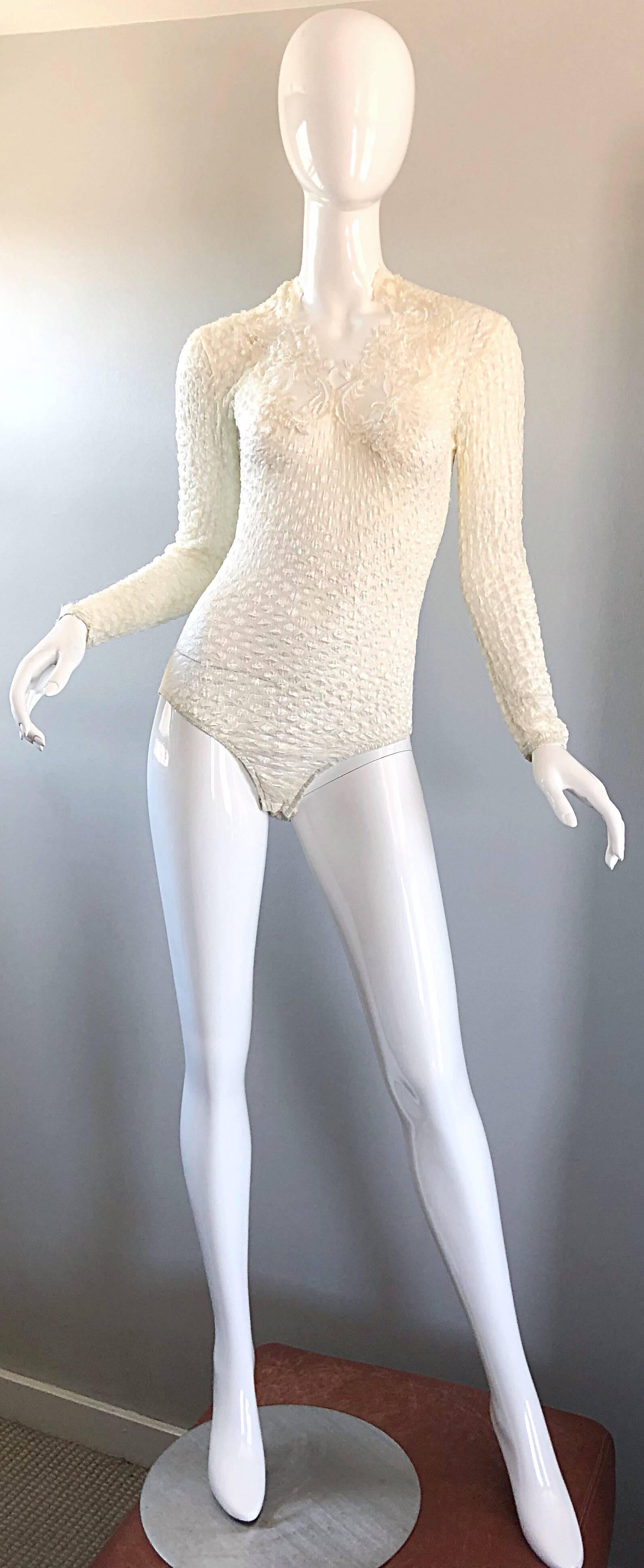 Sexy 1990s Georges Barhel Paris White Long Sleeve Cut - Out Sequin 90s Bodysuit 5