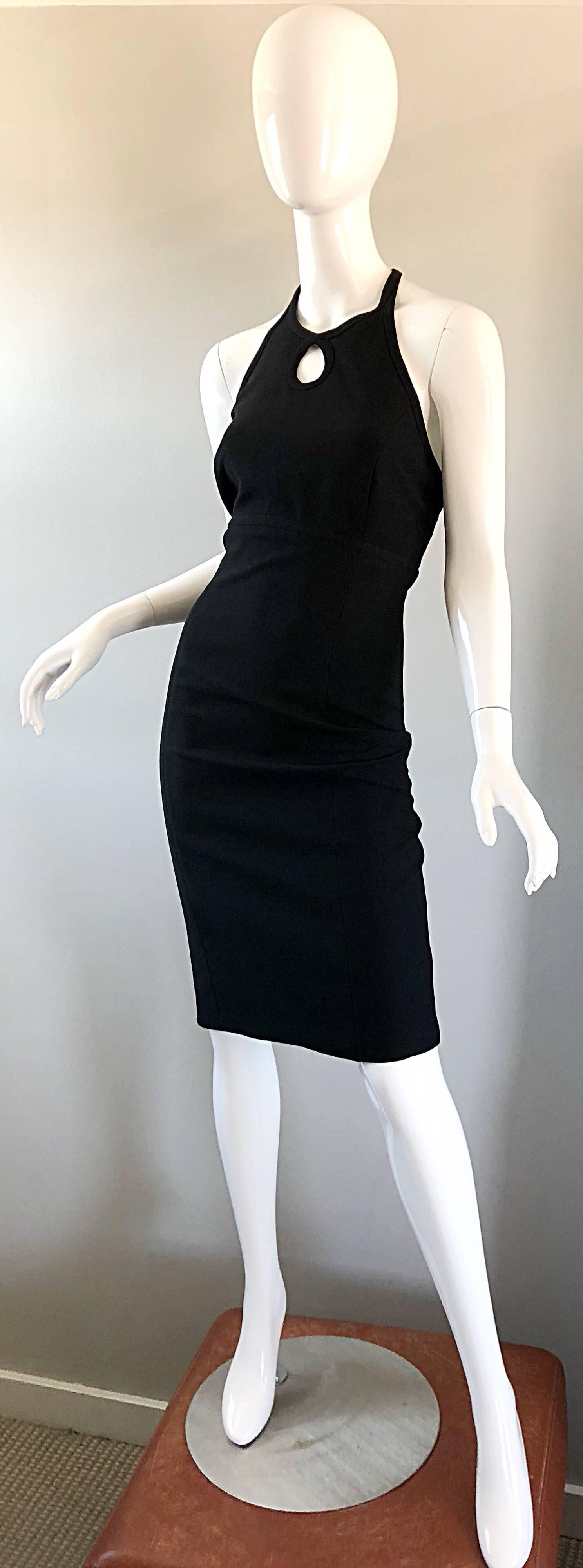 Women's 1990s Bill Blass Size 12 Black Crepe Keyhole Racerback Vintage 90s Dress For Sale