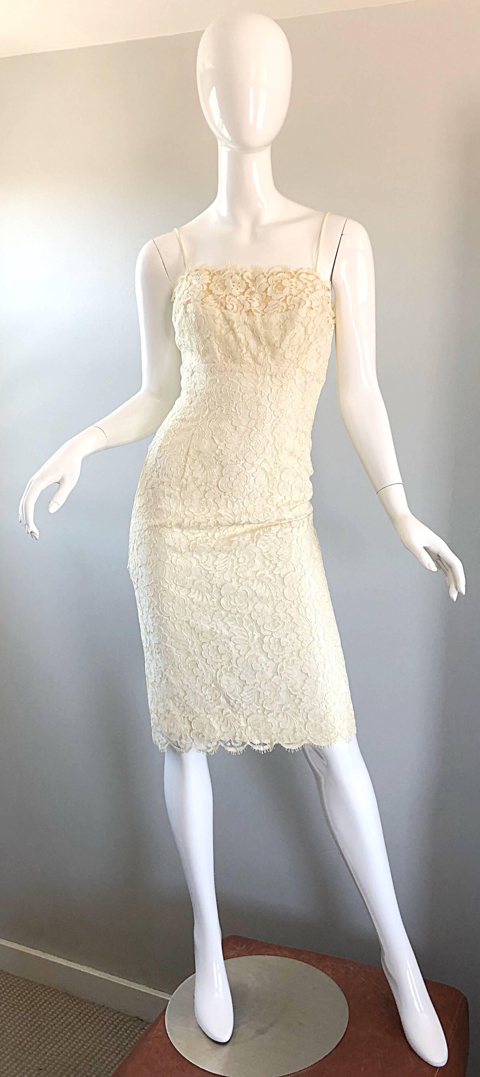 Beautiful 1950s LILLI DIAMOND ivory French lace wiggle dress! Wonderful fit hugs the body in all the right places, and was constructed to really flattering the body. Nude illusion detail above the bust. Spaghetti strap sleeves can also be tucked in