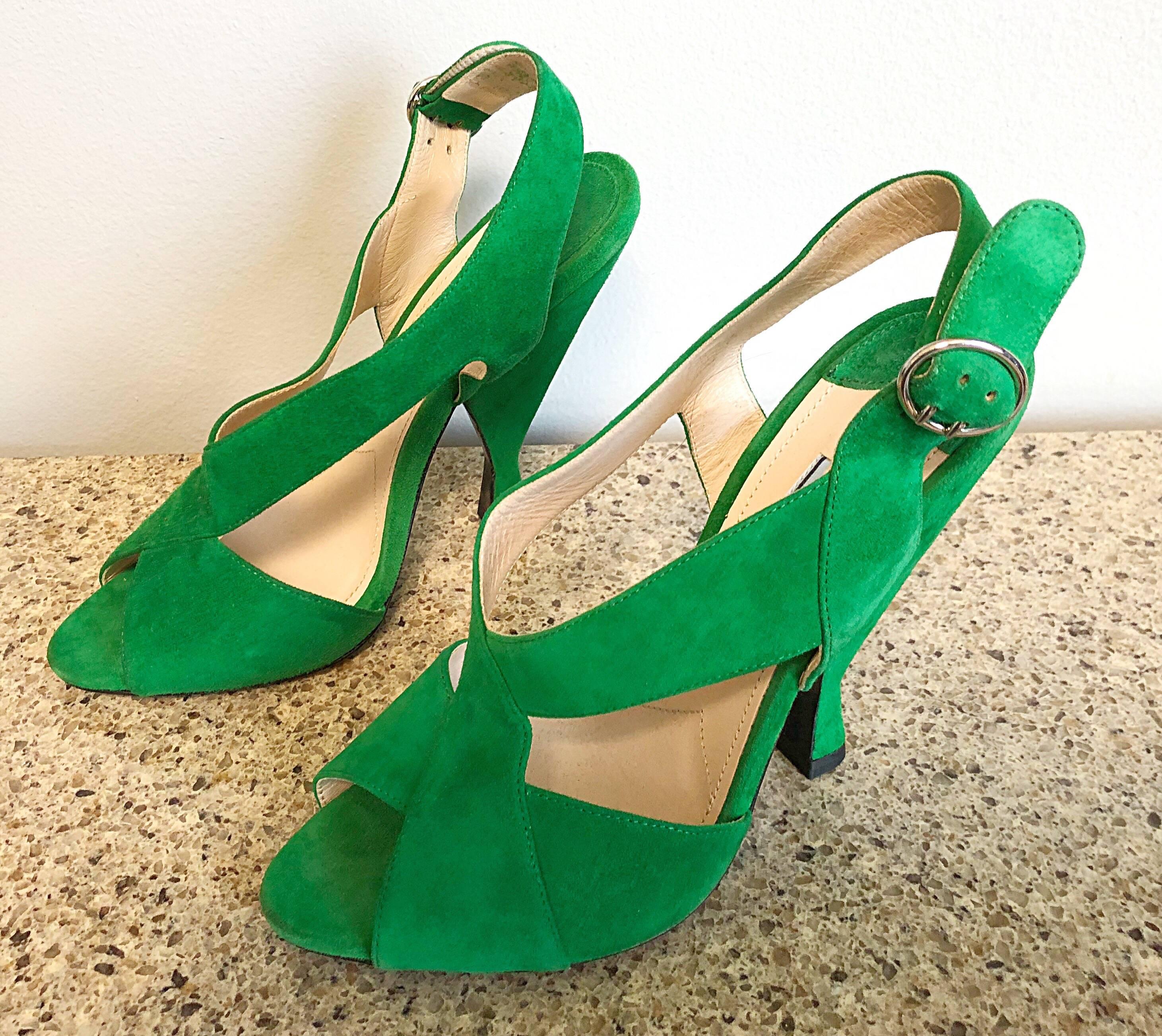 New Prada Size 36.5 / 6.5 Runway Kelly Green Suede Sandal High Heels Shoes For Sale 3