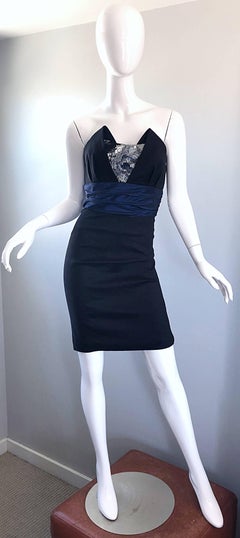 Badgley Mischka 2000s Sz 4 Vintage Avant Garde Black Navy Blue Sequin Mini Dress