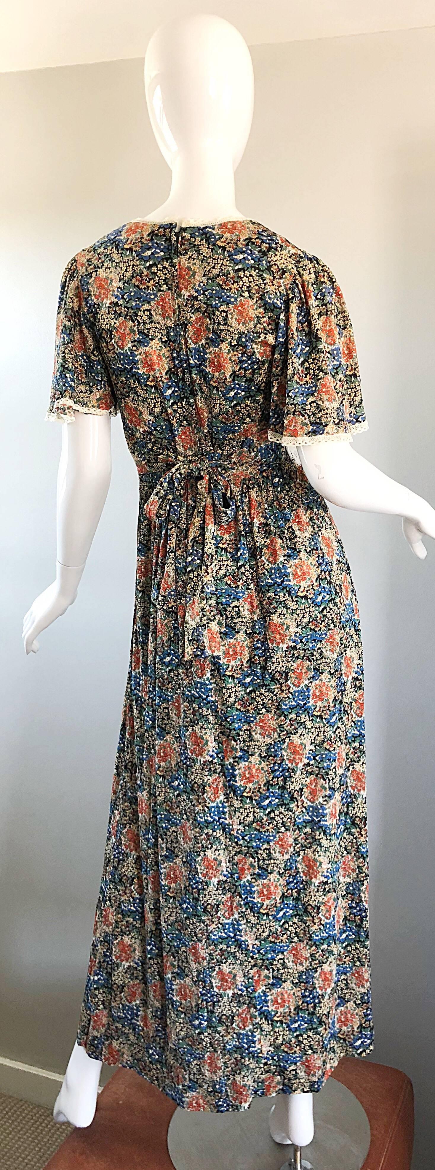 Women's AMazing 1970s Boho Flower Print Jersey + Lace Vintage 70s Maxi Dress