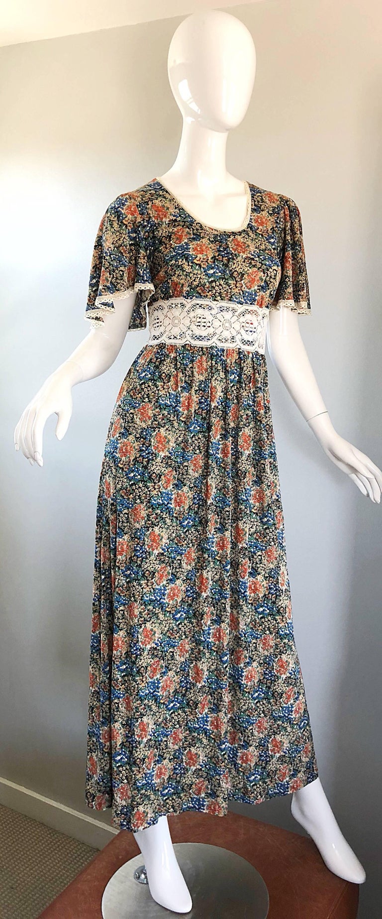 AMazing 1970s Boho Flower Print Jersey + Lace Vintage 70s Maxi Dress at ...