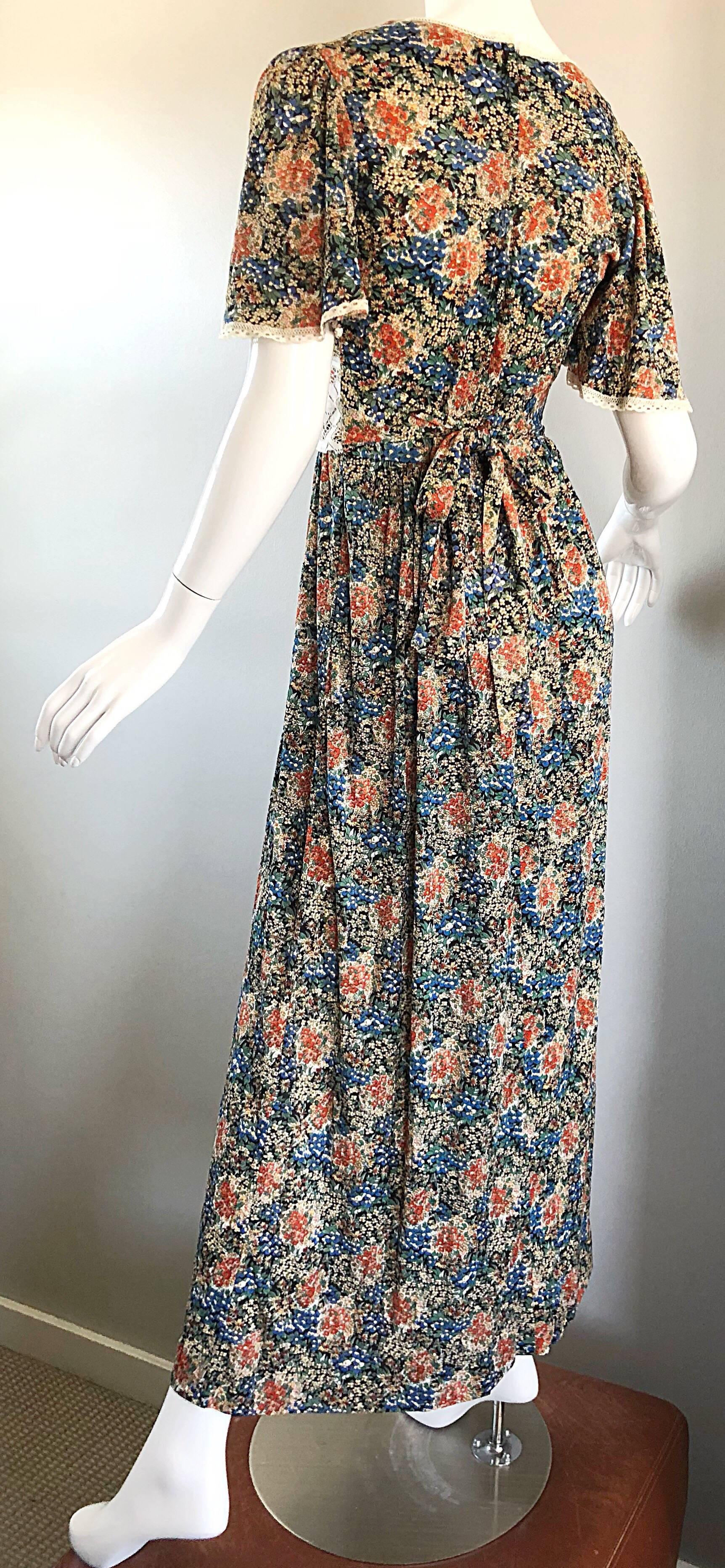 AMazing 1970s Boho Flower Print Jersey + Lace Vintage 70s Maxi Dress 3