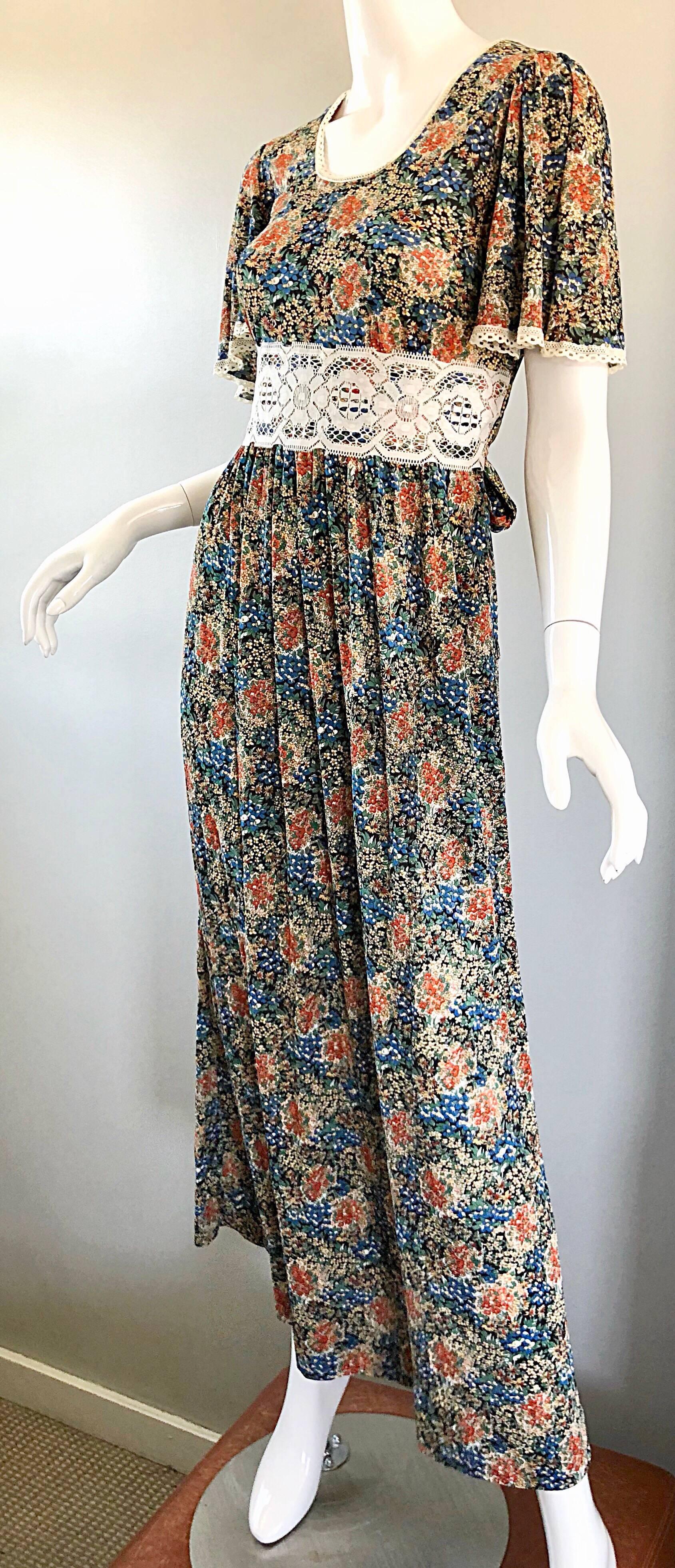 AMazing 1970s Boho Flower Print Jersey + Lace Vintage 70s Maxi Dress 4