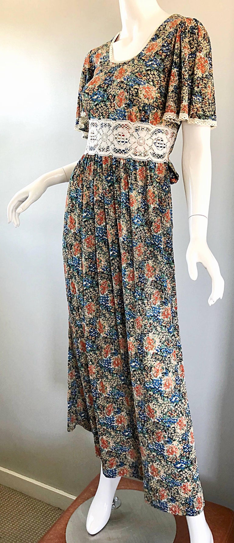 AMazing 1970s Boho Flower Print Jersey + Lace Vintage 70s Maxi Dress at ...