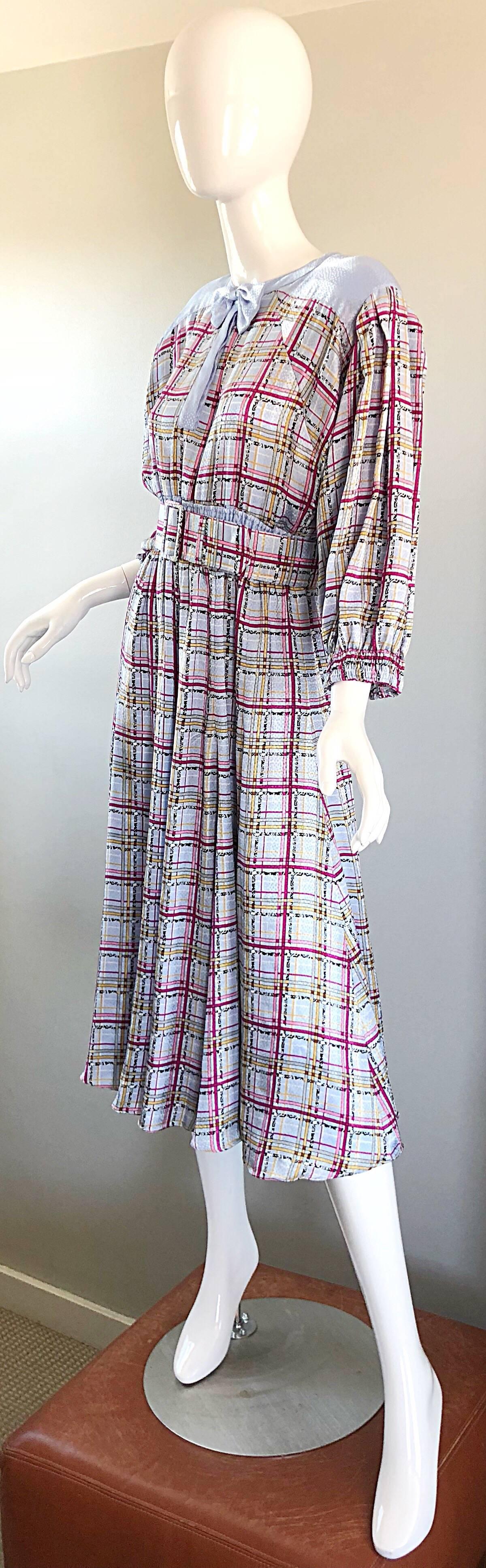 Gray Vintage Diane Freis 1980s Pastel Purple and Pink Plaid 80s Belted Dress