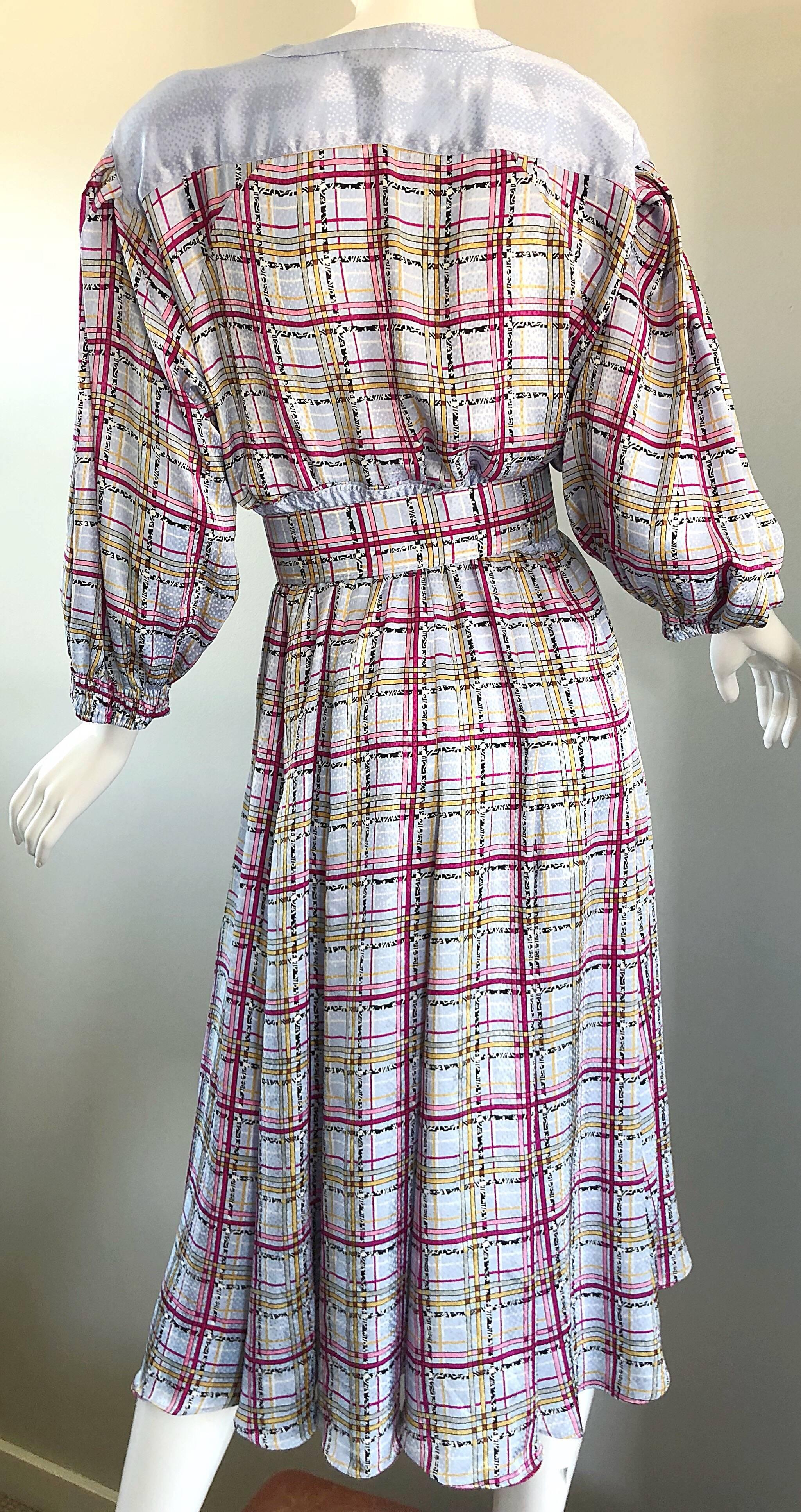 Vintage Diane Freis 1980s Pastel Purple and Pink Plaid 80s Belted Dress In Excellent Condition In San Diego, CA