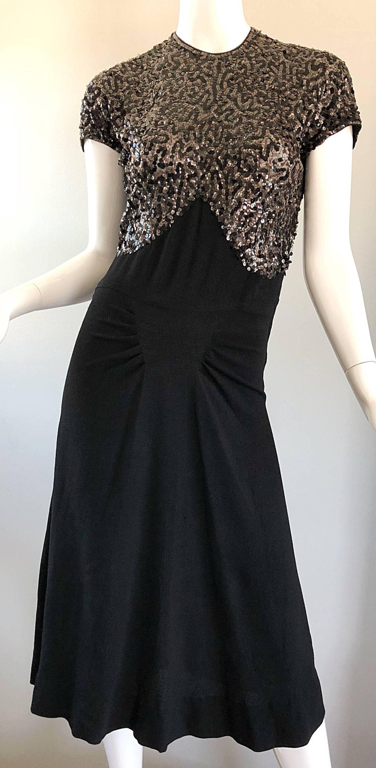 Beautiful 1940s Black Sequin Crepe Vintage 40s Short Sleeve Cocktail Dress